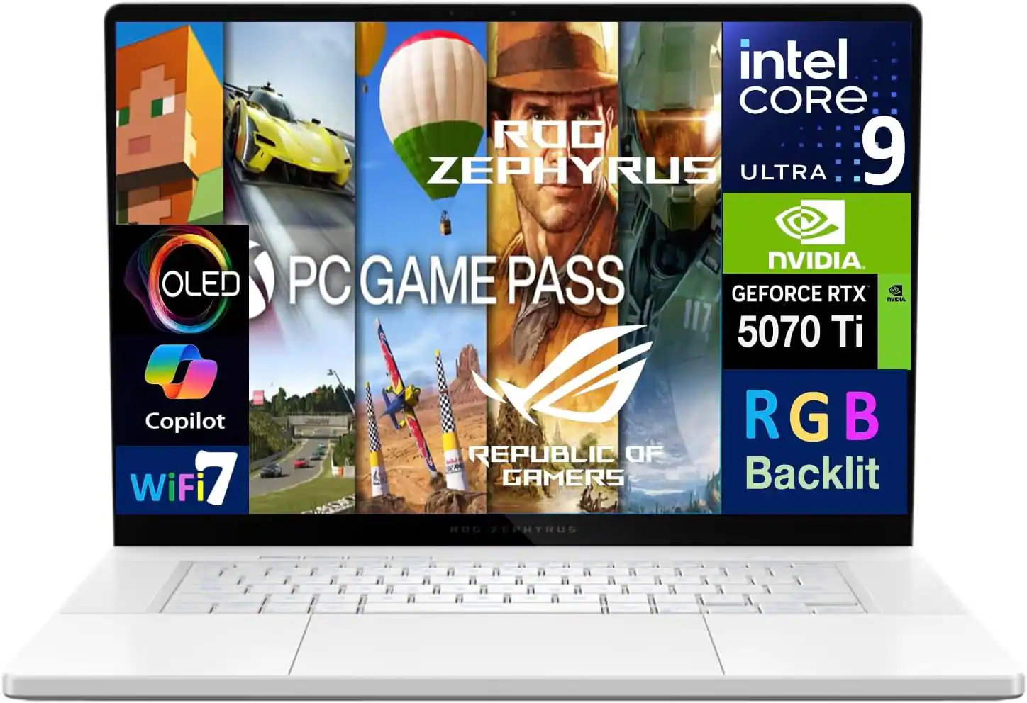 intel CORE i9 ULTRA 9 OLED ROG ZEPHYRUS PC GAME PASS NVIDIA GEFORCE RTX 5070 Ti RGB Backlit REPUBLIC OF GAMERS Copilot WiFi 7
