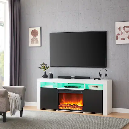 Front. Living Essentials Corp - Lenexa TV Console White/Black with Firebox - White/Black.