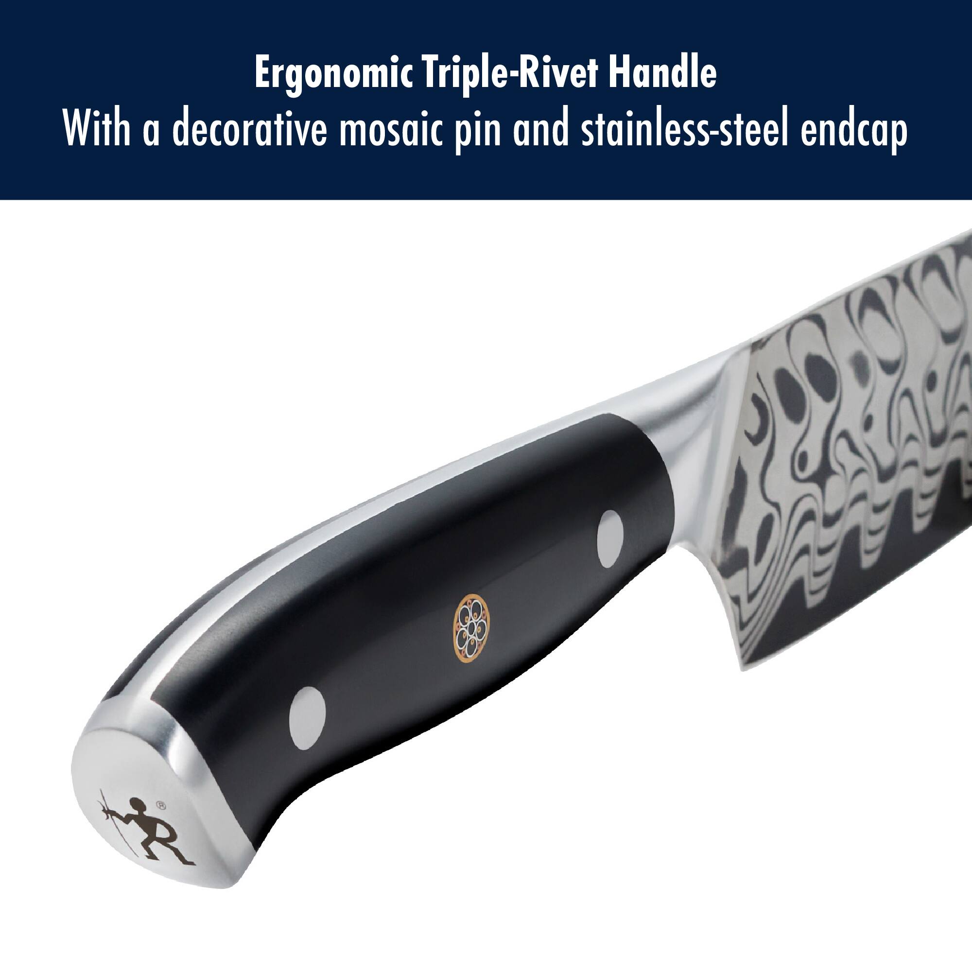 Ergonomic Triple-Rivet Handle With a decorative mosaic pin and stainless-steel endcap