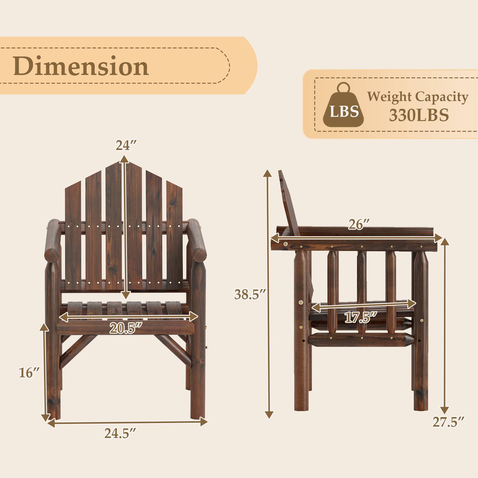 - Dimension
  - Height: 24"
  - Width: 20.5"
  - Depth: 24.5"
  - Seat Height: 16"
  - Back Height: 38.5"
  - Armrest Height: 26"
  - Seat Depth: 17.5"
  - Table Height: 27.5"

- Weight Capacity: 330LBS