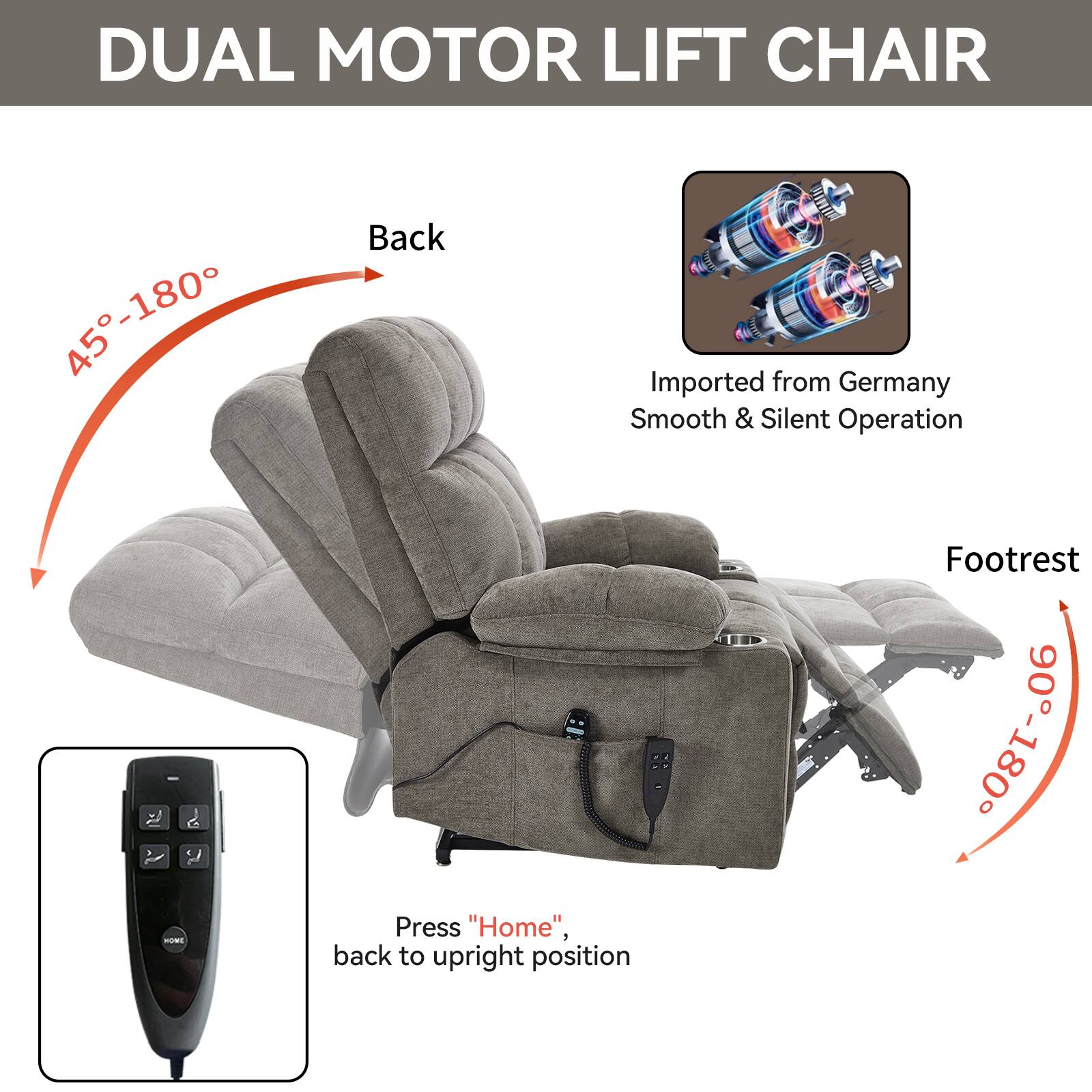 DUAL MOTOR LIFT CHAIR

45°-180° Back

Footrest 90°-180°

Imported from Germany
Smooth & Silent Operation

Press "Home", back to upright position