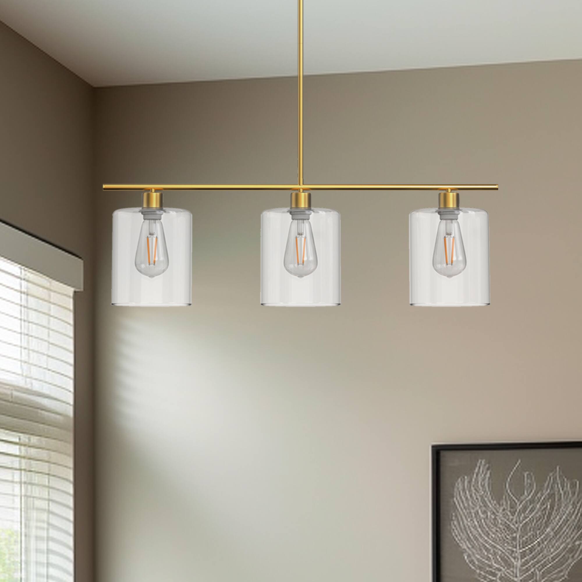 Left. Jandcase - JANDCASE 3-Light Brass Island Pendant Light, Clear Glass Shades, E26 Socket, Non-Integrated Bulbs, for Kitchen Island - Gold.
