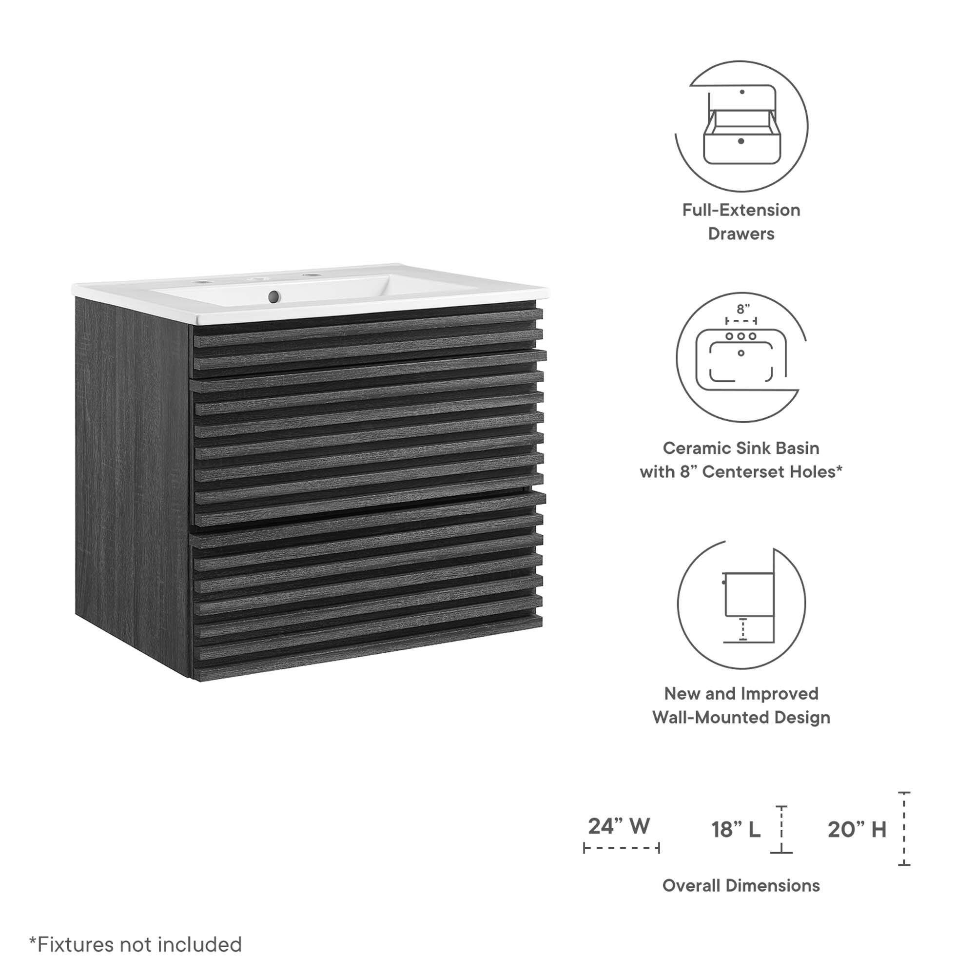 Full-Extension Drawers  
Ceramic Sink Basin with 8" Centerset Holes*  
New and Improved Wall-Mounted Design  

Overall Dimensions:  
24" W x 18" L x 20" H  

*Fixtures not included