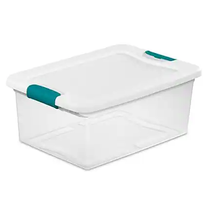 Front. Sterilite - Sterilite+14948012+15+Quart+White%2fClear+Plastic+Storage+Box+With+Blue+Aquarium+Latches.