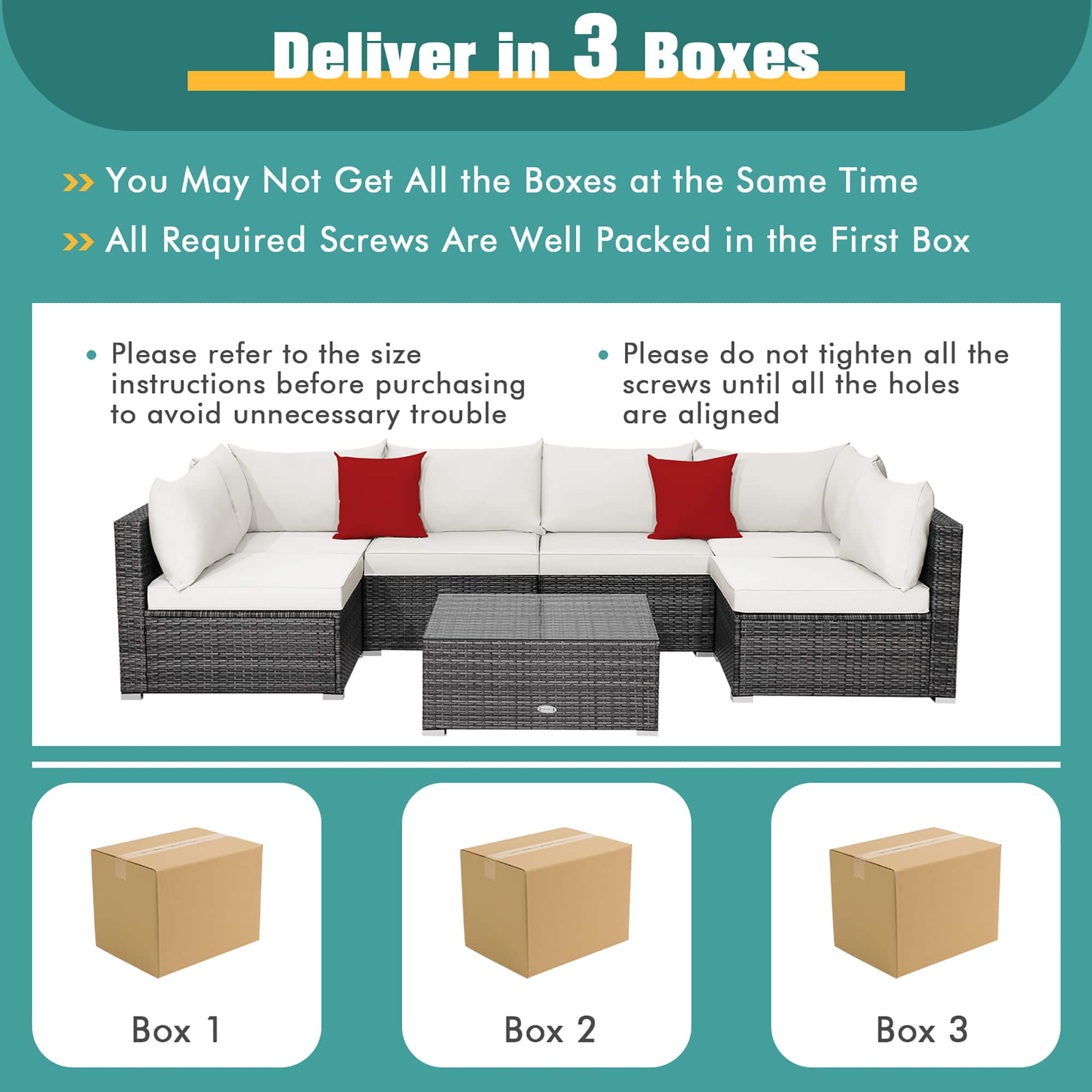 Deliver in 3 Boxes: You May Not Get All the Boxes at the Same Time. All Required Screws Are Well Packed in the First Box. Please refer to the size instructions before purchasing to avoid unnecessary trouble. Please do not tighten all the screws until all the holes are aligned. Box 1, Box 2, Box 3.
