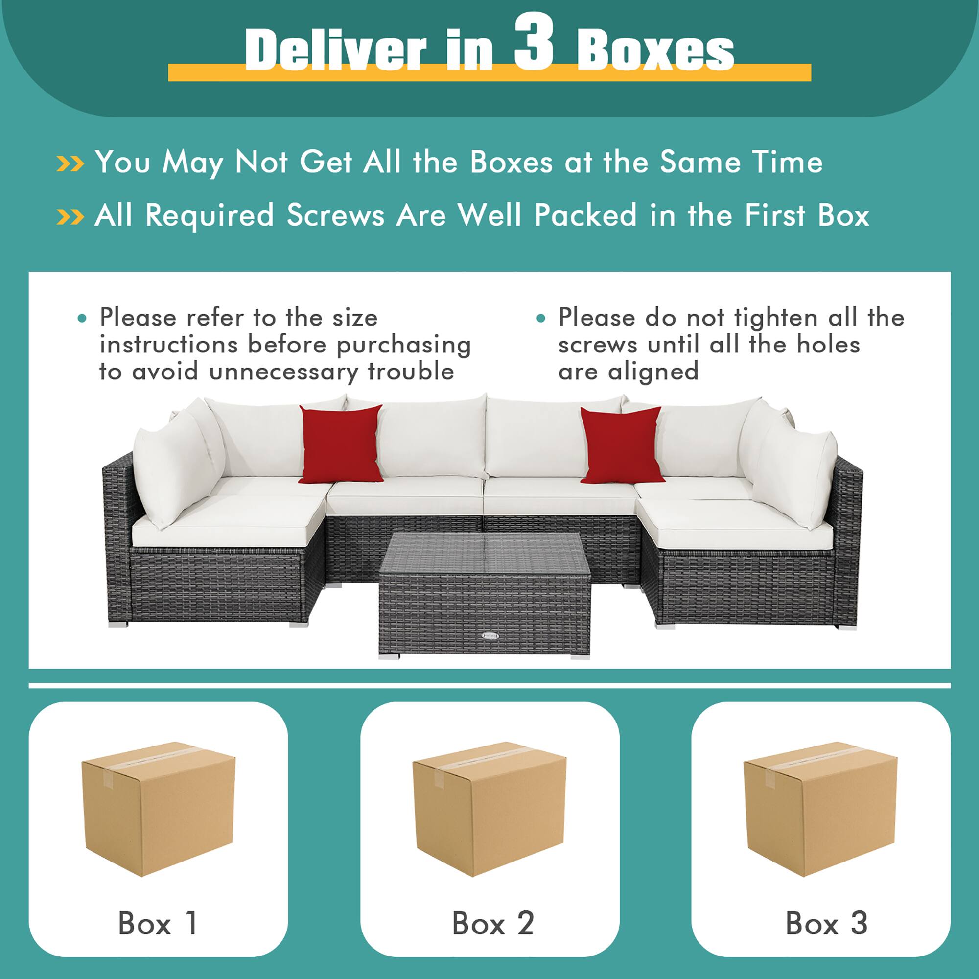 Deliver in 3 Boxes: You May Not Get All the Boxes at the Same Time. All Required Screws Are Well Packed in the First Box. Please refer to the size instructions before purchasing to avoid unnecessary trouble. Please do not tighten all the screws until all the holes are aligned. Box 1, Box 2, Box 3.