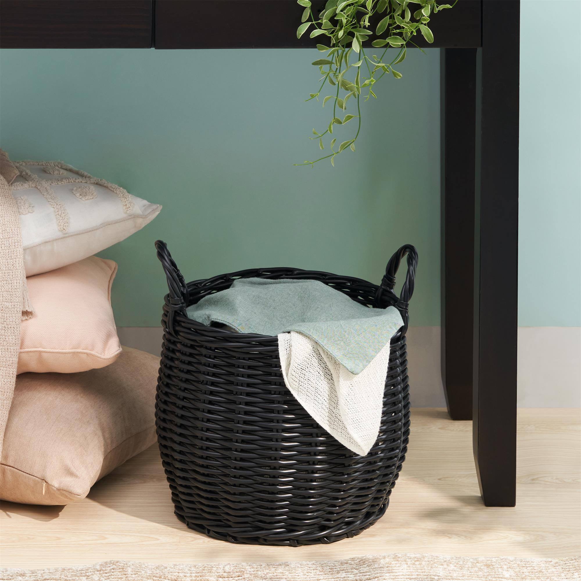 Alt View 1. Boyel Living - Matte Black Round Resin Woven Storage Basket with Handles 13-in L x 13-in W x 10.2-in H for Home Organization - Matte Black.