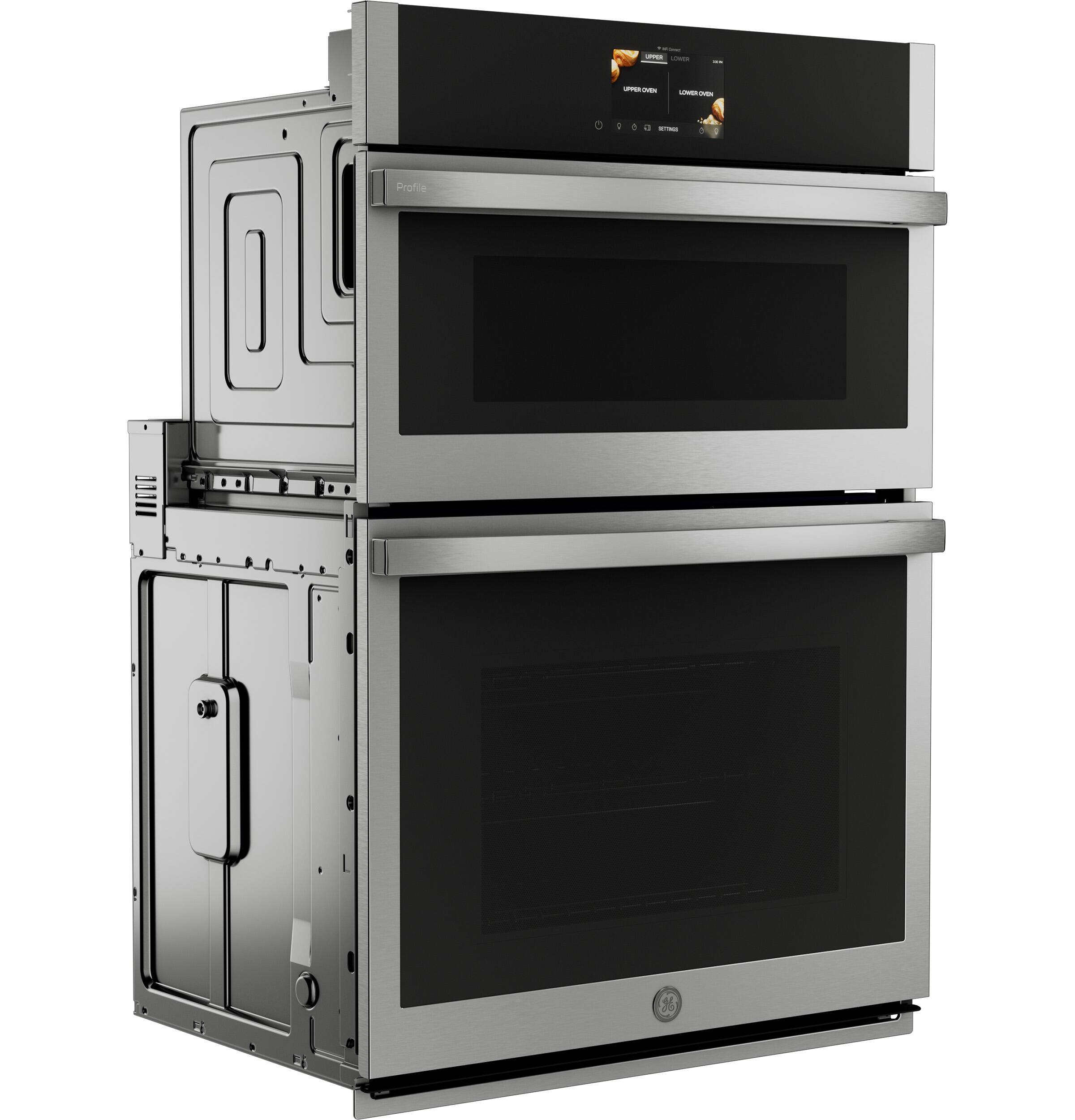 Angle. GE Profile - 30" Built-In Electric Convection Double Wall Oven with Microwave and No Preheat Air Fry - Stainless Steel.