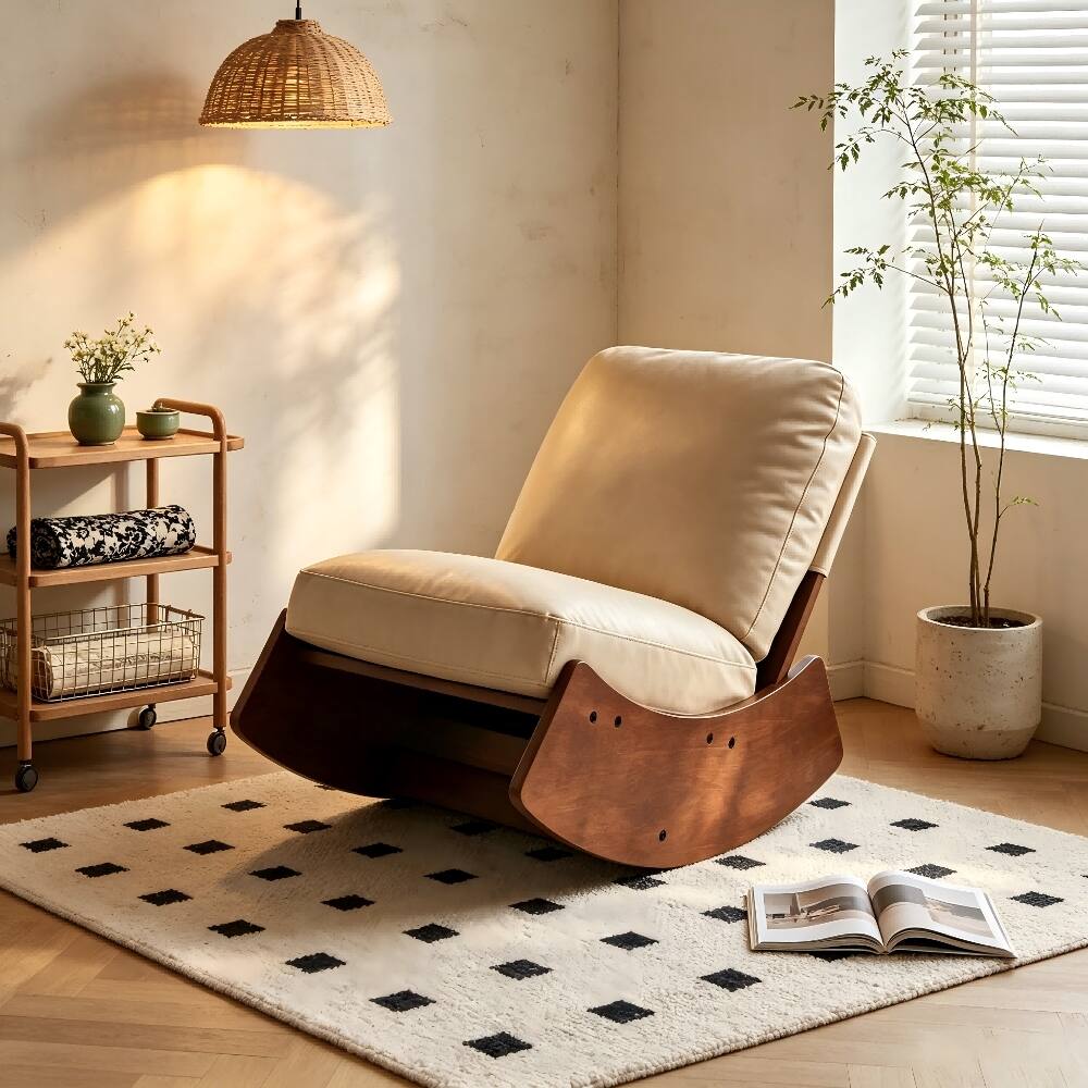 Front. Loheer - Loheer Cream Faux Leather Glider Rocking Chair Solid Wood Frame Accent Reading Chair for Nursery Bedroom Living Room - Cream.
