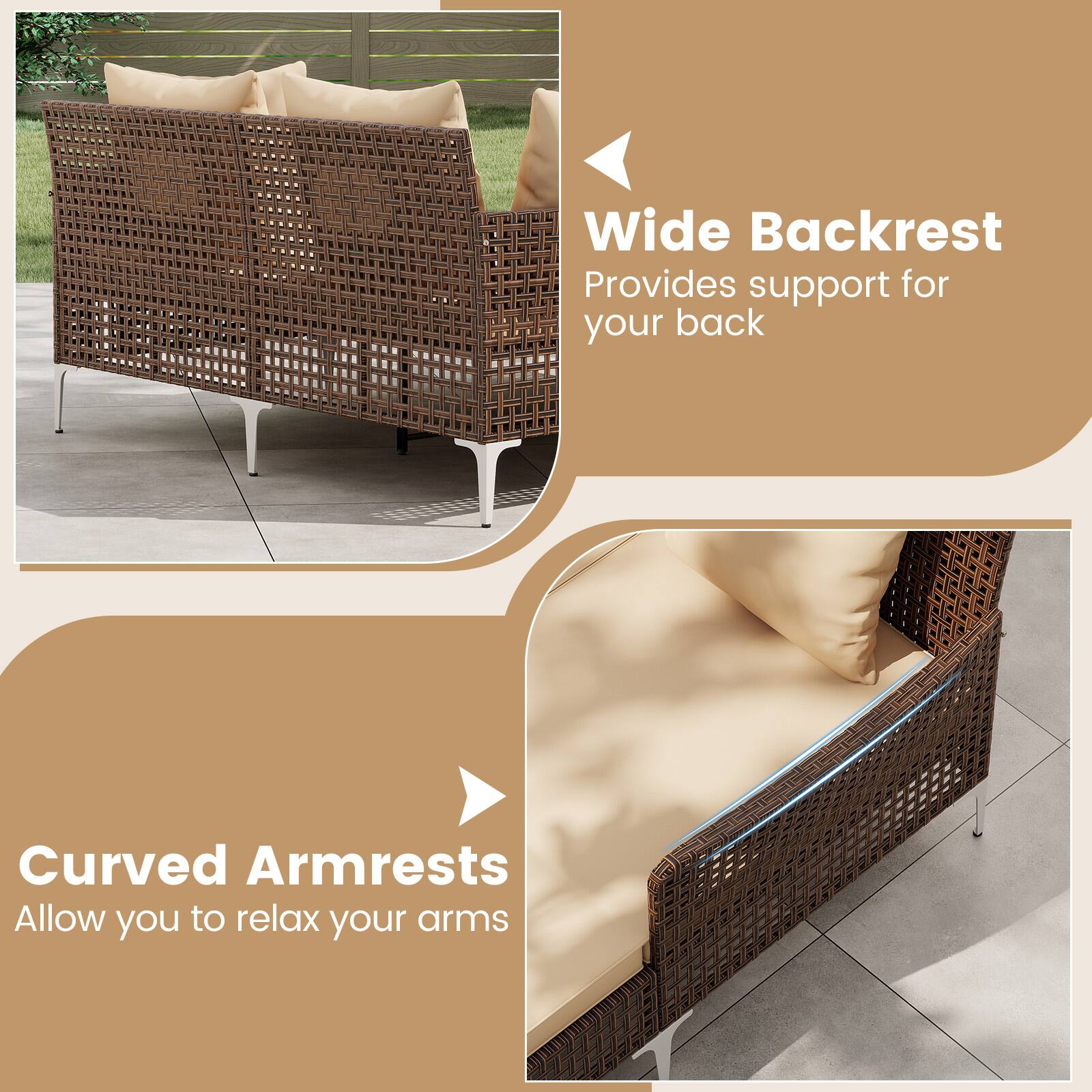 Wide Backrest  
Provides support for your back  

Curved Armrests  
Allow you to relax your arms