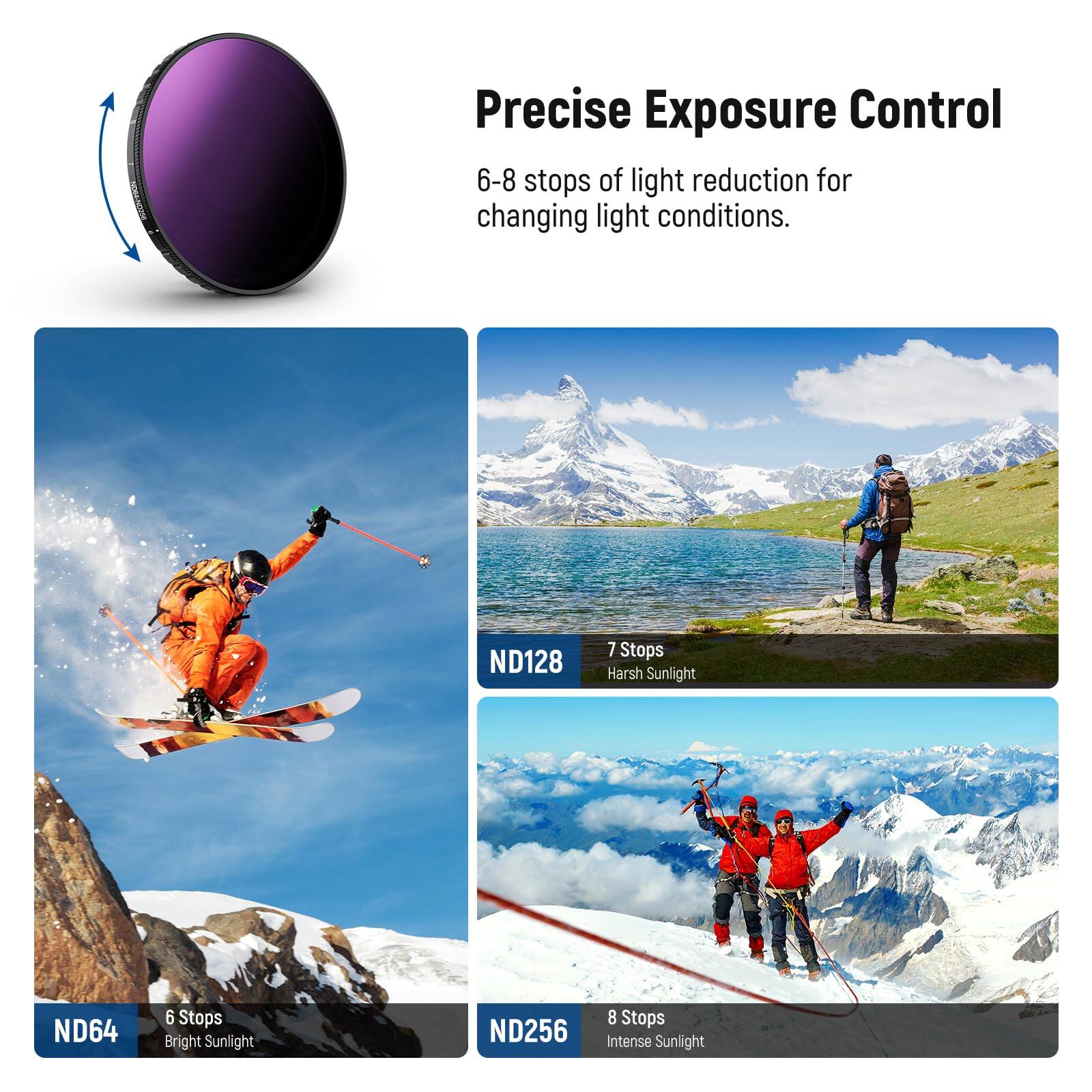 Precise Exposure Control  
6-8 stops of light reduction for changing light conditions.  

ND128  
7 Stops  
Harsh Sunlight  

ND64  
6 Stops  
Bright Sunlight  

ND256  
8 Stops  
Intense Sunlight
