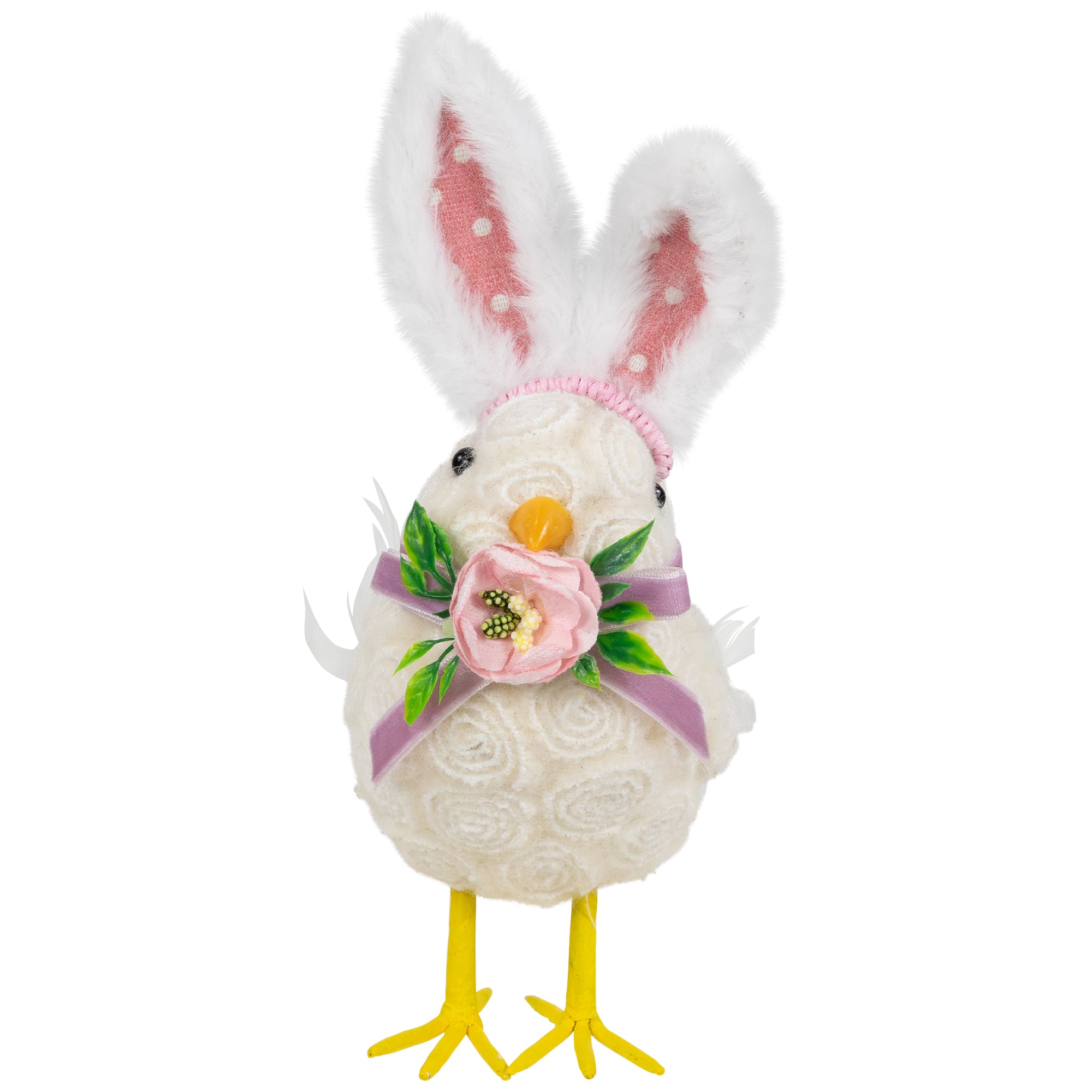 Northlight - Floral Easter Chick with Polka Dot Faux Fur Rabbit Ears Figurine - 8.75" - White