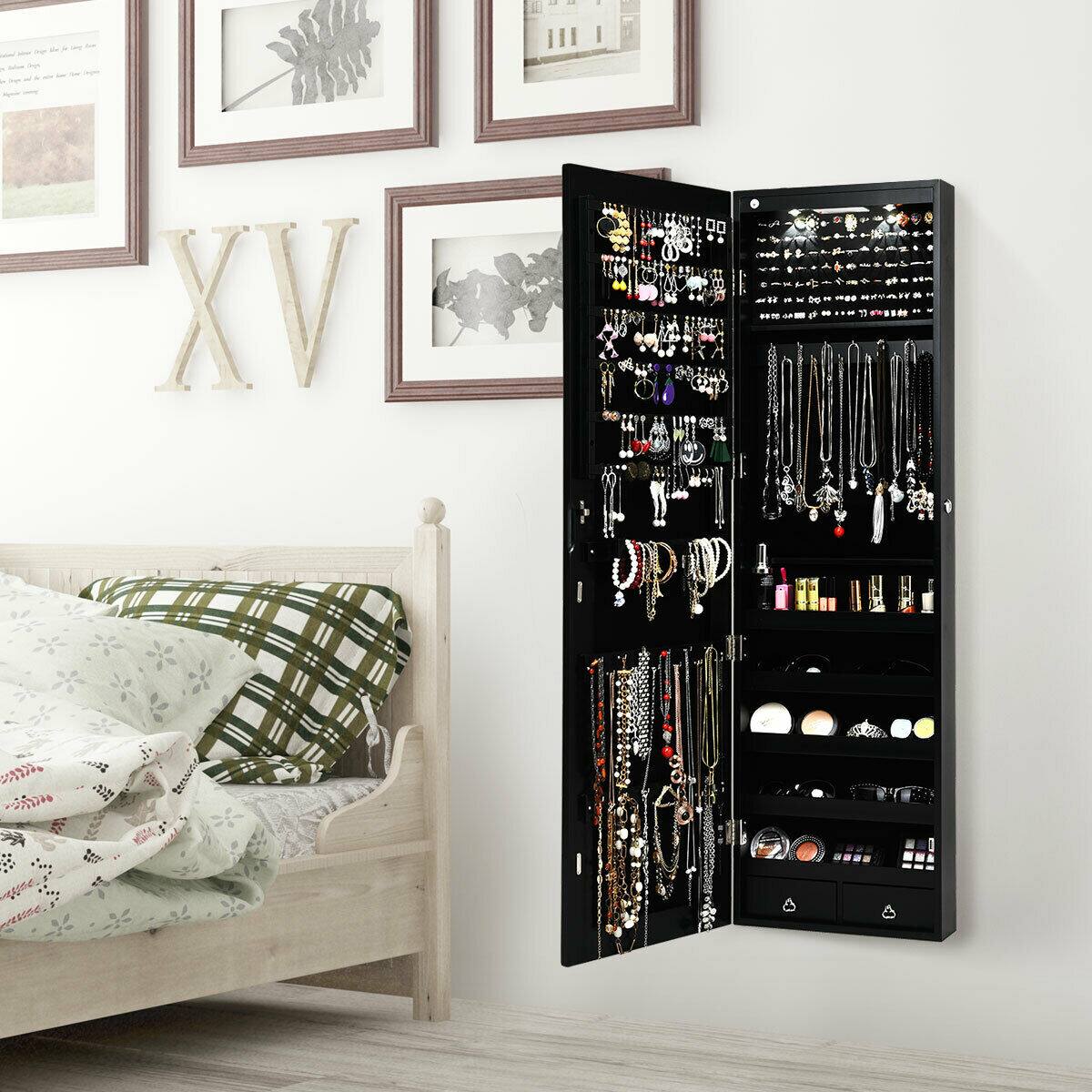 Alt View 1. Ecooso - Wall and Door Mounted Mirrored Jewelry Cabinet with Built-In LED Lights and Storage.