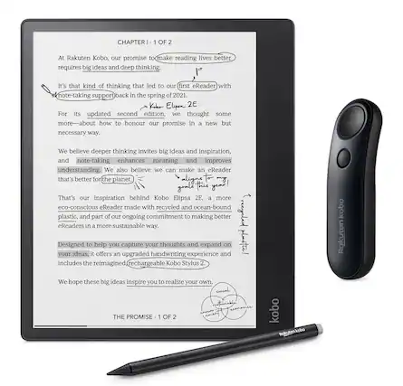 **CHAPTER I • 1 OF 2**
At Rakuten Kobo, our promise to **make reading lives better** requires big ideas and deep thinking.
It's that kind of thinking that led to our first eReader with **note-taking support** back in the spring of 2021.
For its updated second edition, we thought some more about how to honour our promise in a new but necessary way.
We believe deeper thinking invites big ideas and inspiration, and note-taking enhances meaning and understanding. We also believe we can make an eReader that's better for the planet.
That's our inspiration behind Kobo Elipsa 2E, a more eco-conscious eReader made with recycled and ocean-bound plastic, and part of our ongoing commitment to making better eReaders in a more sustainable way.
Designed to help you capture your thoughts and expand on your ideas, it offers an upgraded handwriting experience and includes the reimagined rechargeable Kobo Stylus.
We hope these big ideas inspire you to realize your own.
**THE PROMISE • 1 OF 2**
