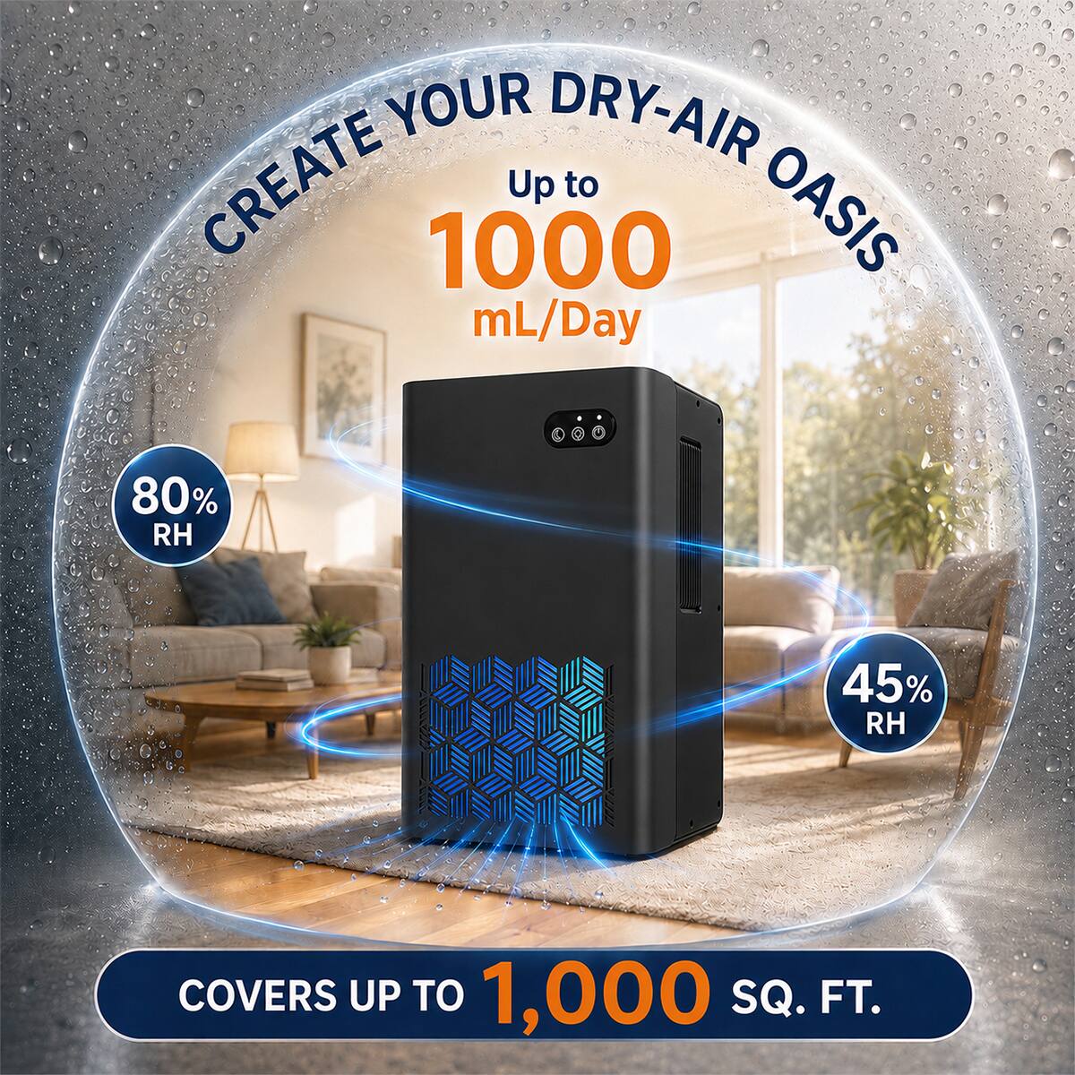 Create your dry-air oasis up to 1000 mL/Day  
80% RH  
45% RH  
Covers up to 1,000 SQ. FT.