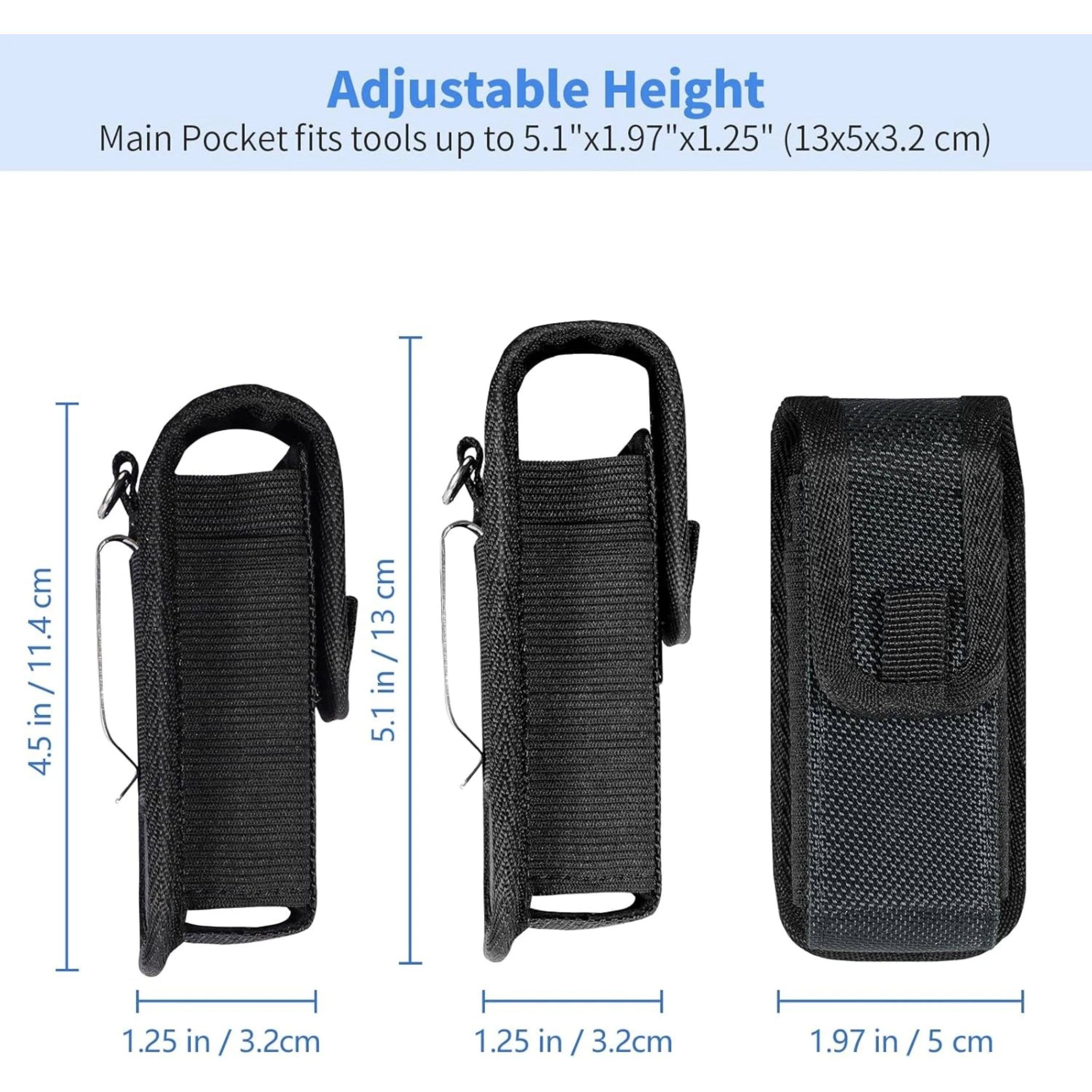 Adjustable Height  
Main Pocket fits tools up to 5.1" x 1.97" x 1.25" (13x5x3.2 cm)  
4.5 in / 11.4 cm  
1.25 in / 3.2 cm  
1.97 in / 5 cm