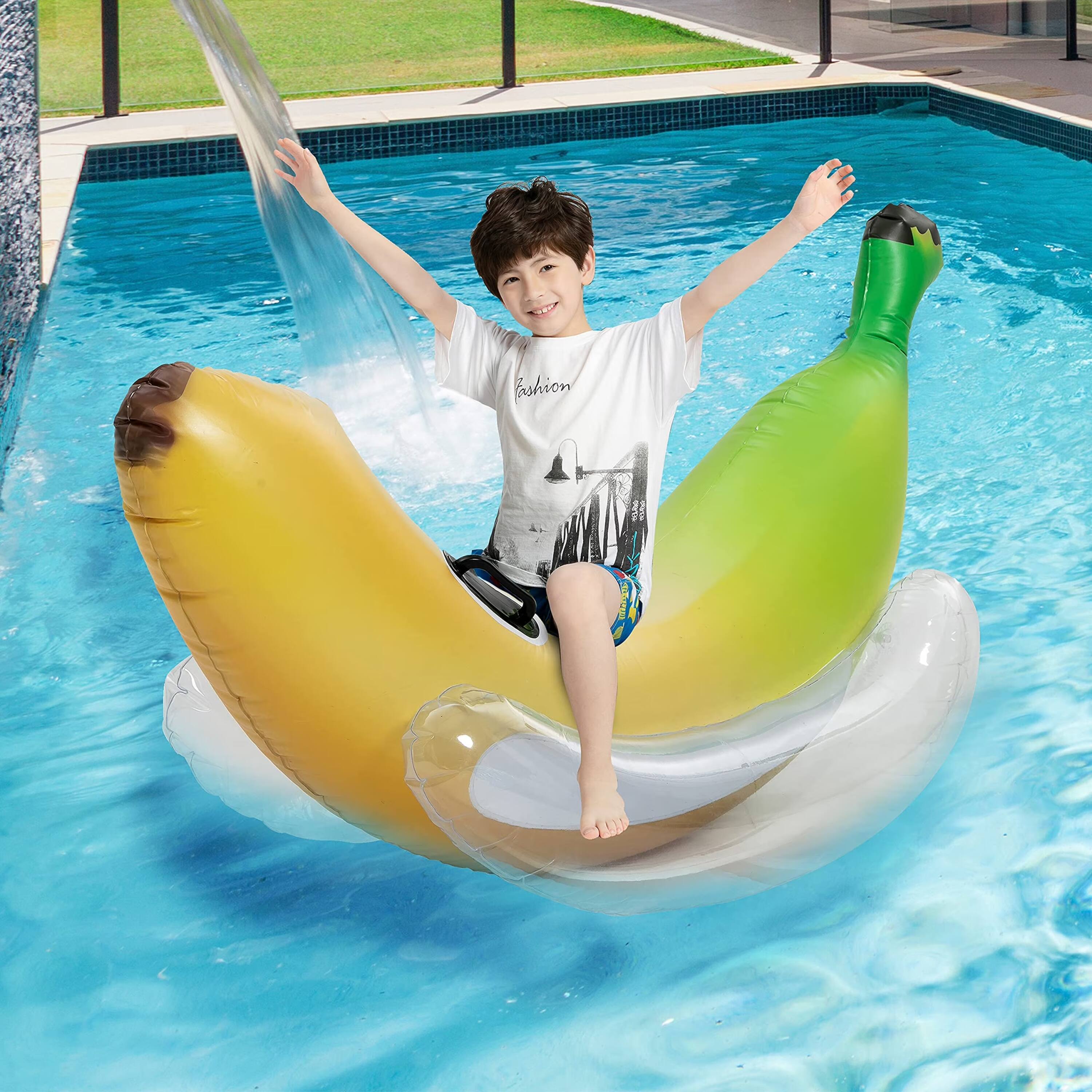 Angle. Joyfy - Inflatable Banana Pool Float, Giant Banana Funny Pool Floats, Swimming Pool Party Decorations, Blow Up Ride on Pool Toy - Multicolor.