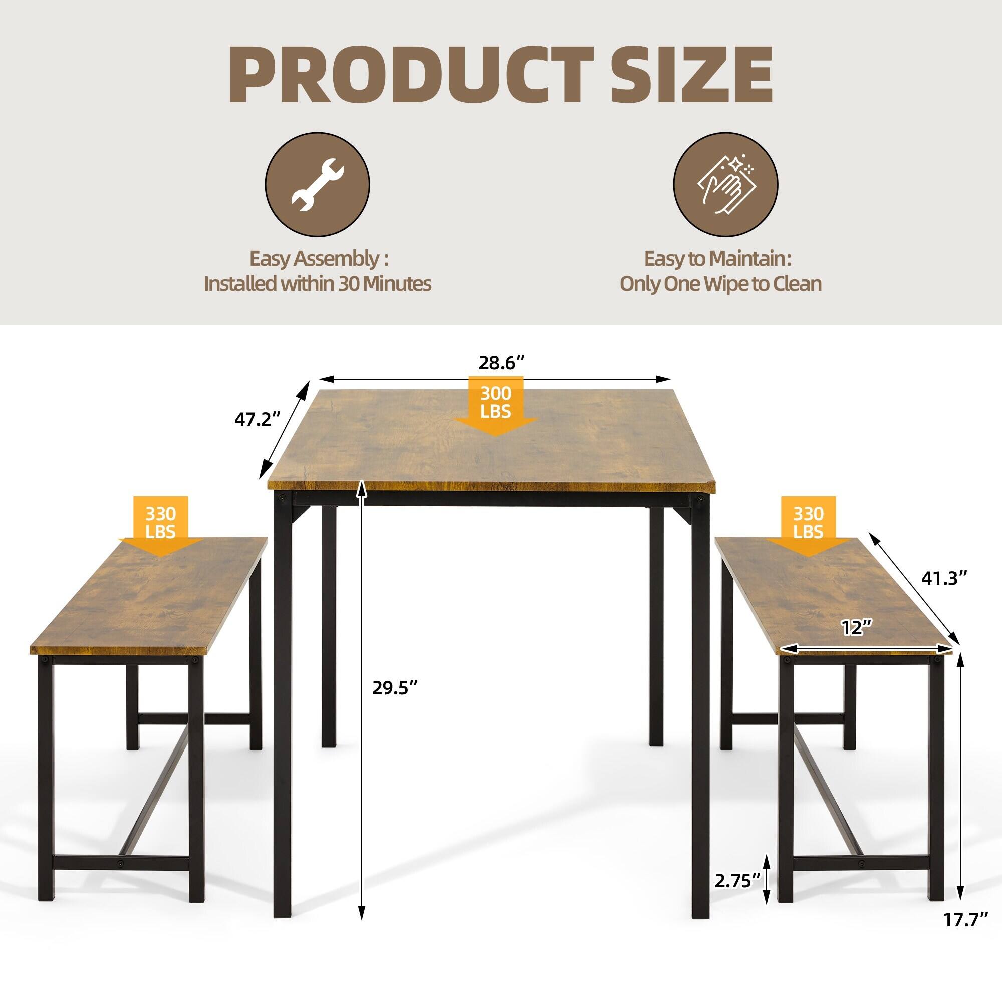 PRODUCT SIZE

- Easy Assembly: Installed within 30 Minutes
- Easy to Maintain: Only One Wipe to Clean

- 28.6" (Width)
- 47.2" (Length)
- 300 LBS (Weight Capacity)
- 330 LBS (Weight Capacity)
- 330 LBS (Weight Capacity)
- 41.3" (Height)
- 12" (Depth)
- 29.5" (Height from Floor to Tabletop)
- 2.75" (Leg Thickness)
- 17.7" (Height from Floor to Shelf)