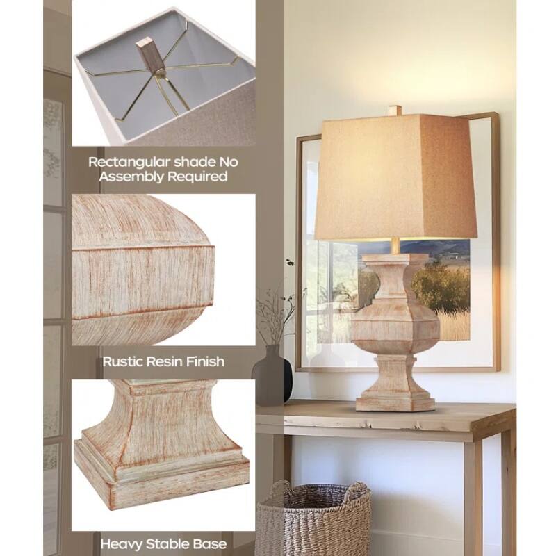 - Rectangular shade
- No Assembly Required
- Rustic Resin Finish
- Heavy Stable Base