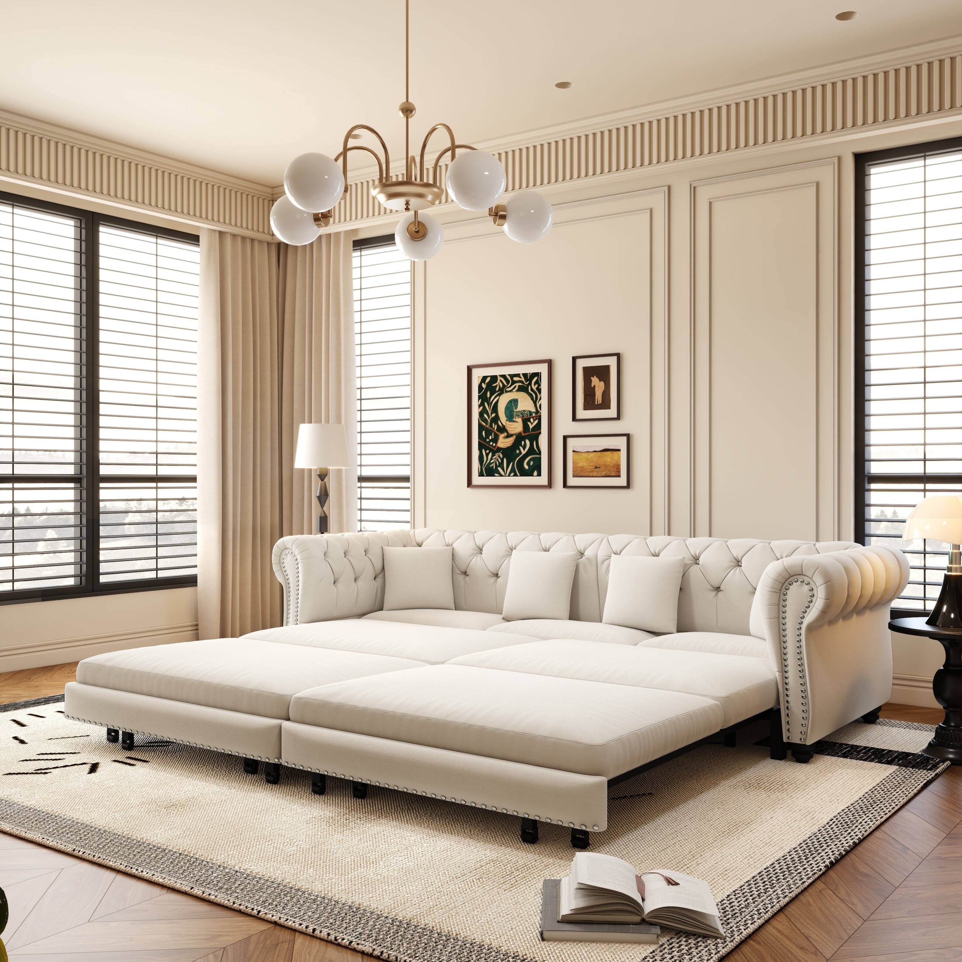 Angle. Anysun - 89" 3-in-1 Velvet Chesterfield Pull-Out Sofa Bed - King Size Sleeper with Chaise & Movable Ottoman - White.