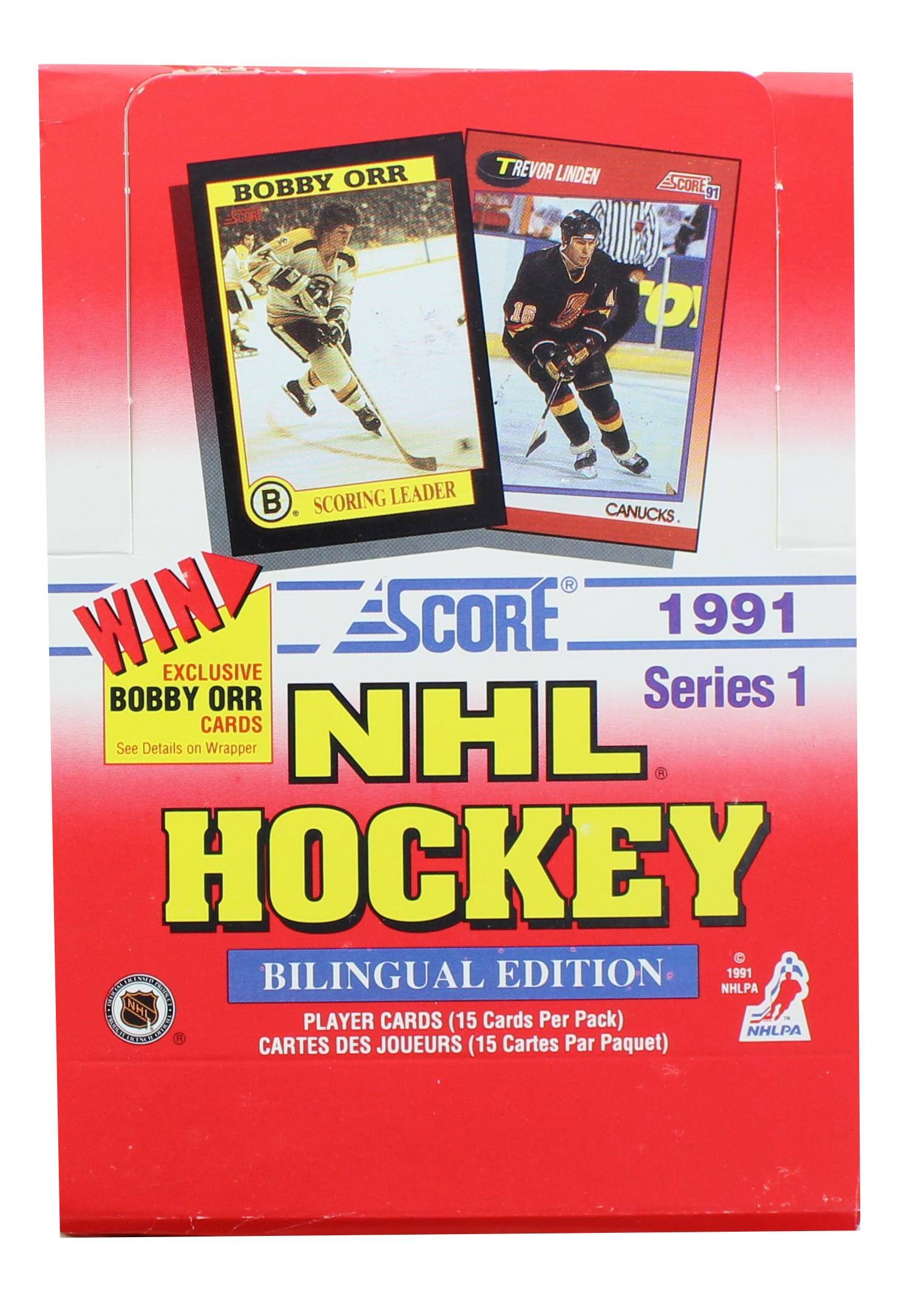 Sure, here is the corrected and grouped text from the image:

---

**Bobby Orr**  
**Scoring Leader**

**Trevor Linden**  
**Canucks**

**WIN!**  
**Exclusive Bobby Orr Cards**  
*See Details on Wrapper*

**Score 91**  
**NHL Hockey**  
**1991 Series 1**  
**Bilingual Edition**

**Player Cards (15 Cards Per Pack)**  
**Cartes des Joueurs (15 Cartes Par Paquet)**

**NHLPA**  
**WHL**

---