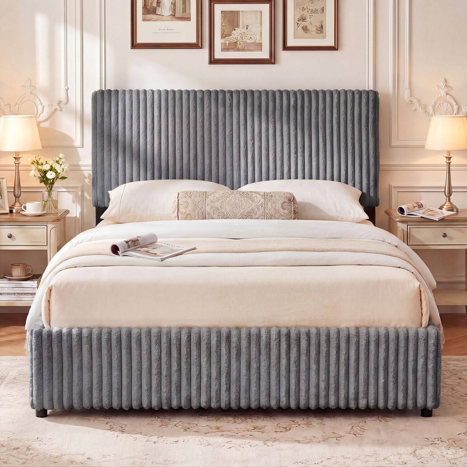 Alt View 2. LUCKY ONE - Queen Assembled Lift-up Storage Bed with Corduroy Upholstered Headboard Wooden Slats 600 lbs - Gray.