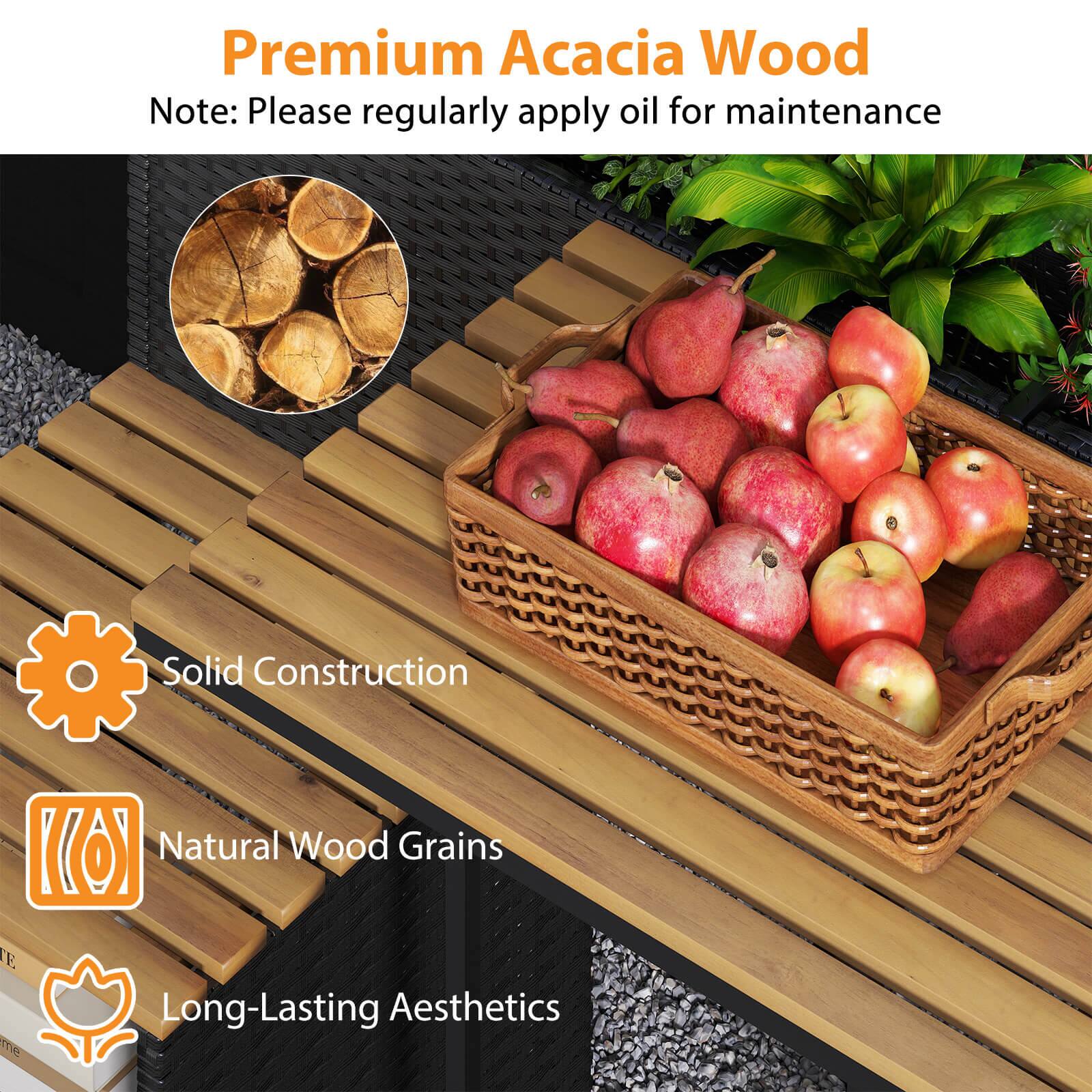 Premium Acacia Wood Note: Please regularly apply oil for maintenance. Solid Construction. K(0) Natural Wood Grains. E. Long-Lasting Aesthetics.