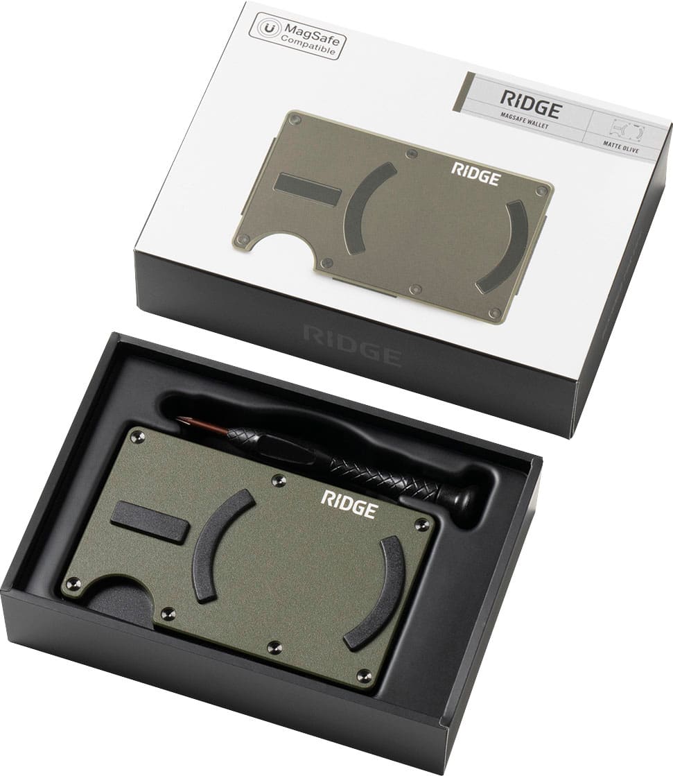 The text on the image reads "Ridge MagSafe Wallet Ridge Matte Olive Ridge Ridge." The correct grouping and correction would be:
"Ridge MagSafe Wallet Ridge Matte Olive Ridge Ridge."