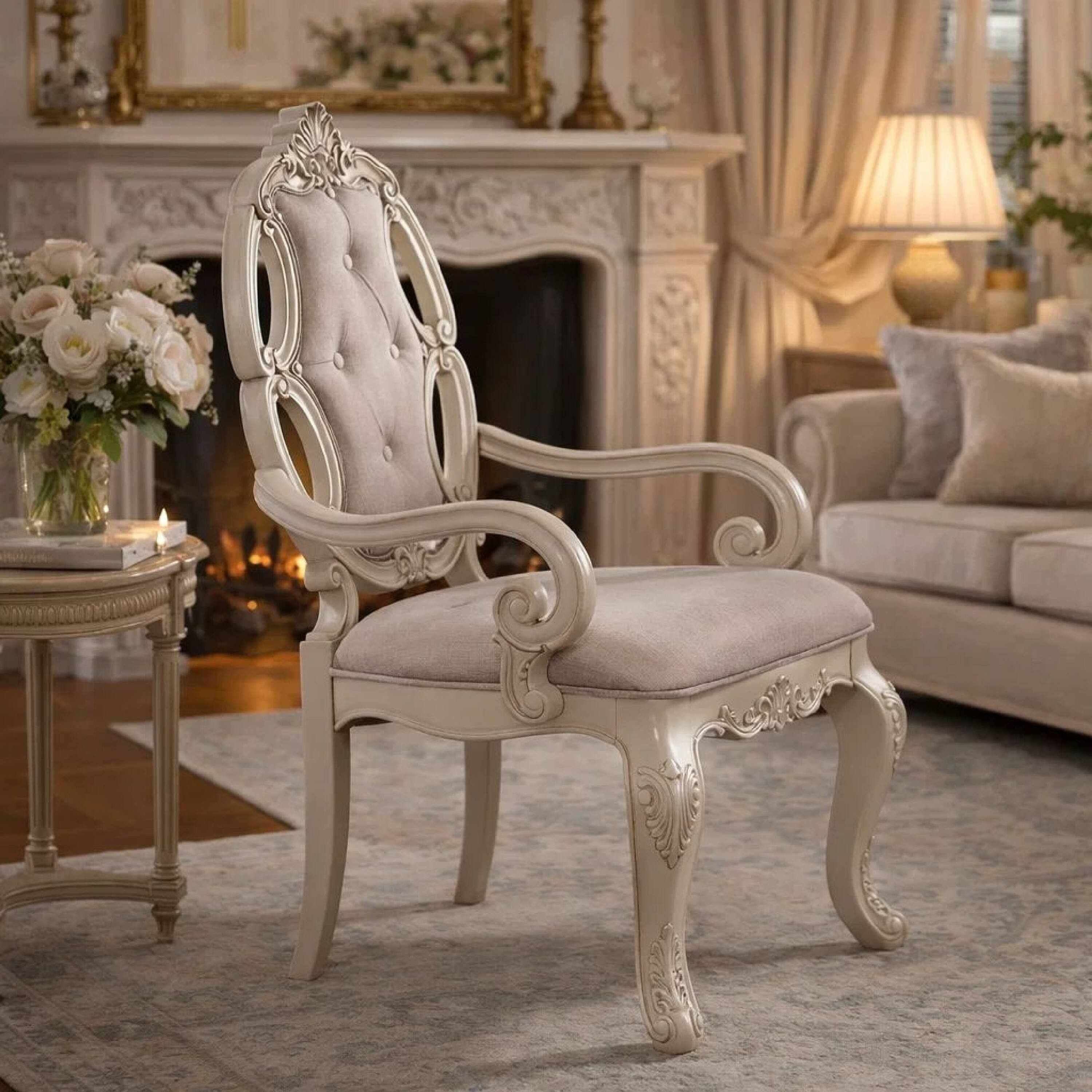 Alt View 6. Manhattan Lane - Fabric Upholstered Wooden Arm Chairs with Cabriole Legs, Set of Two - White and Gray.