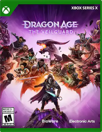 The image features a video game called Dragon Age: The Veilguard. It is part of the Xbox Series X and is rated Mature 17+ for both Jeunes Adultes and Mature audiences. The game is developed by BioWare and published by Electronic Arts. - M (Mature 17+)