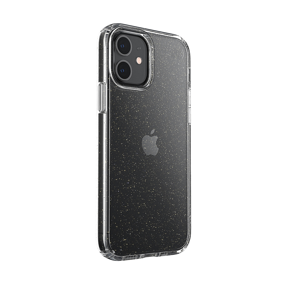 Left View: Speck - Presidio Perfect Clear Hard Shell Case for Apple iPhone 12/12 Pro - Clear/gold Glitter