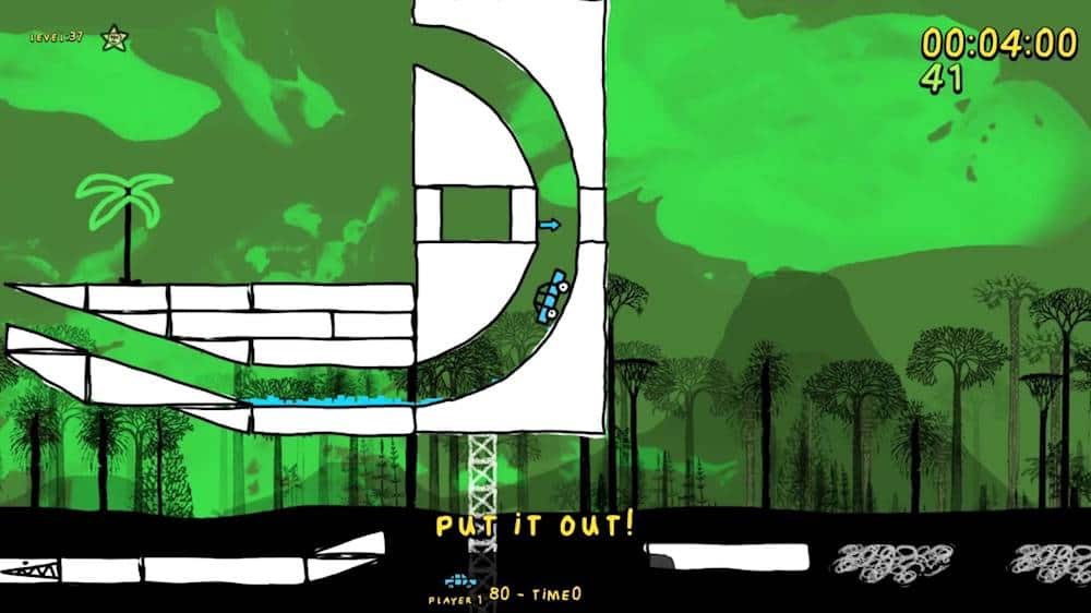 The image features a video game with a green background and a large white arrow. The text "PUT IT OUT!" is displayed prominently in the scene. The game appears to be a racing game, as there is a car visible in the image. The time of 0:04:00 is also present in the scene, likely indicating the time remaining for the player to complete the game.