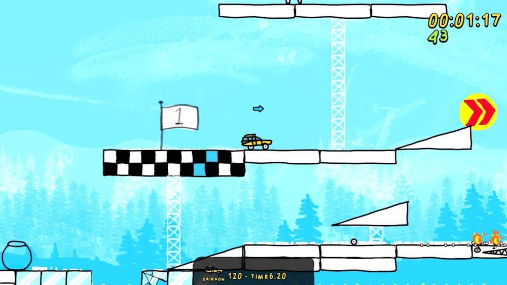 The image shows a car driving on a track with a timer of 00:01:17. The car is on the 43rd level, and the timer is set at 1:20. The scene is set in a snowy environment, and there are trees in the background.