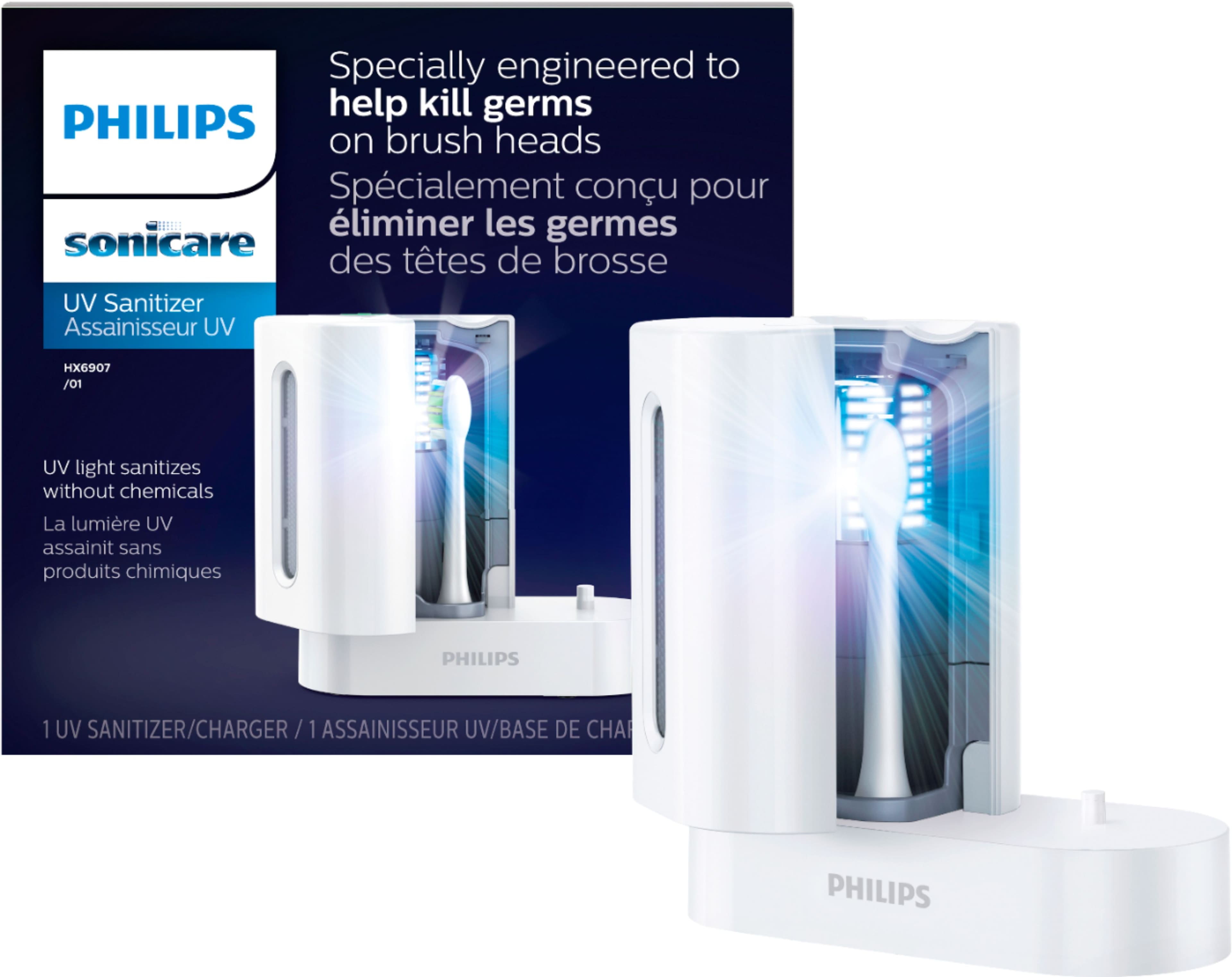 Specially engineered to help kill germs on brush heads, the Philips Sonicare des ttes de brosse UV Sanitizer is a UV light sanitizer that assainit sans produits chimiques. It is a 1 UV Sanitizer/Charger/1 Assainisseur UV base de charge.