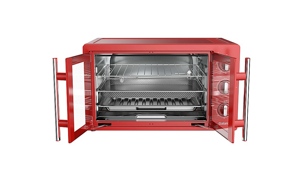 Left View: Galanz Retro French Door Toaster Oven - hot rod red