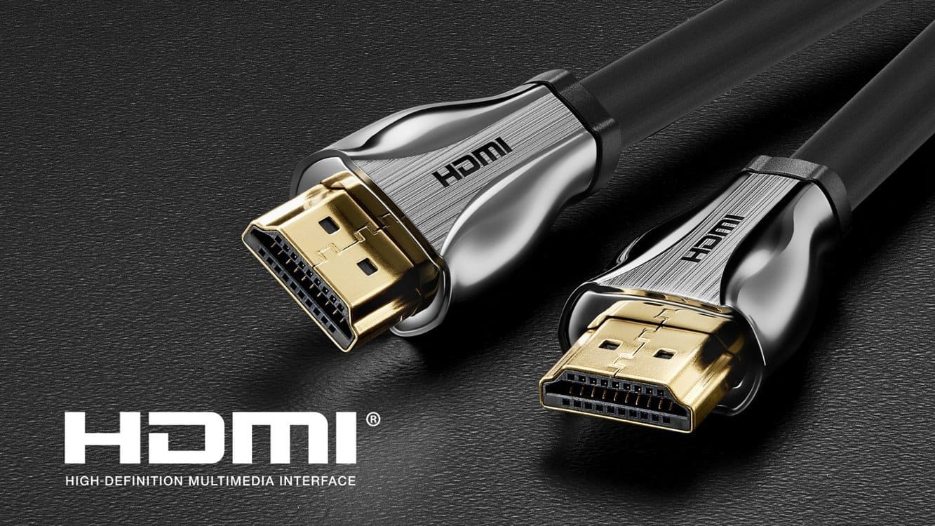 The image features two HDMI cables, one with a gold connector and the other with a silver connector. The cables are placed on a black background, and the HDMI logo is visible on the cables. The image is promoting the use of HDMI cables for high-definition multimedia interface.