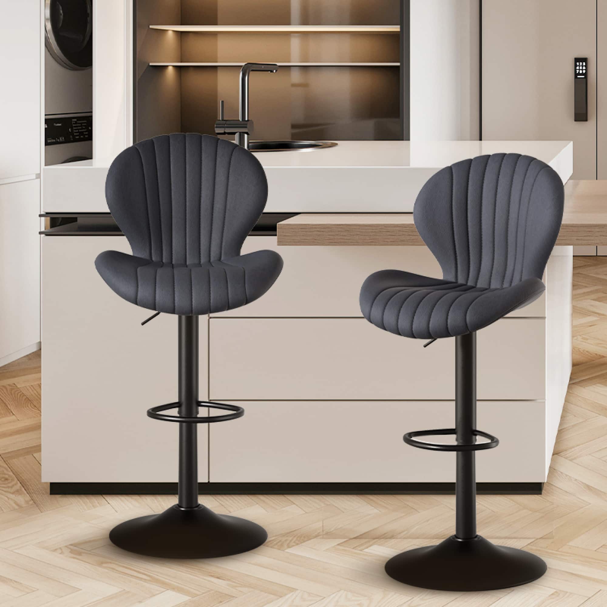 HTUTWOO - 360° Swivel Bar Stools Set of 2, Adjustable Counter Stools, Faux Leather Bar Chairs with Pedal and Backrest for Kitchen - Dark Gray