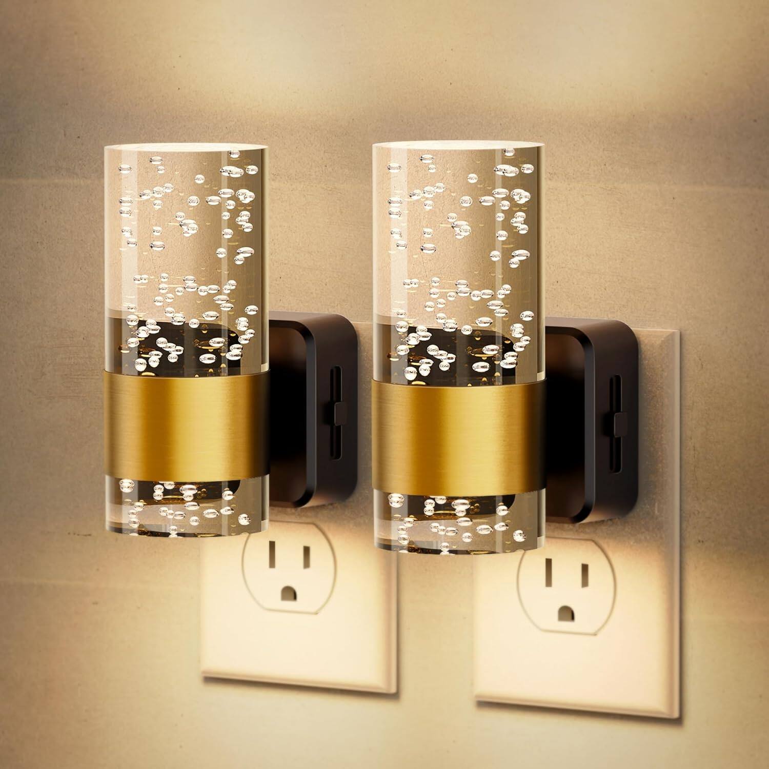 Front. FINEAK - Night Lights Plug into Wall,2 Pack 3000K Dimmable LED Night Light with Adjustable Brightness - Gold.