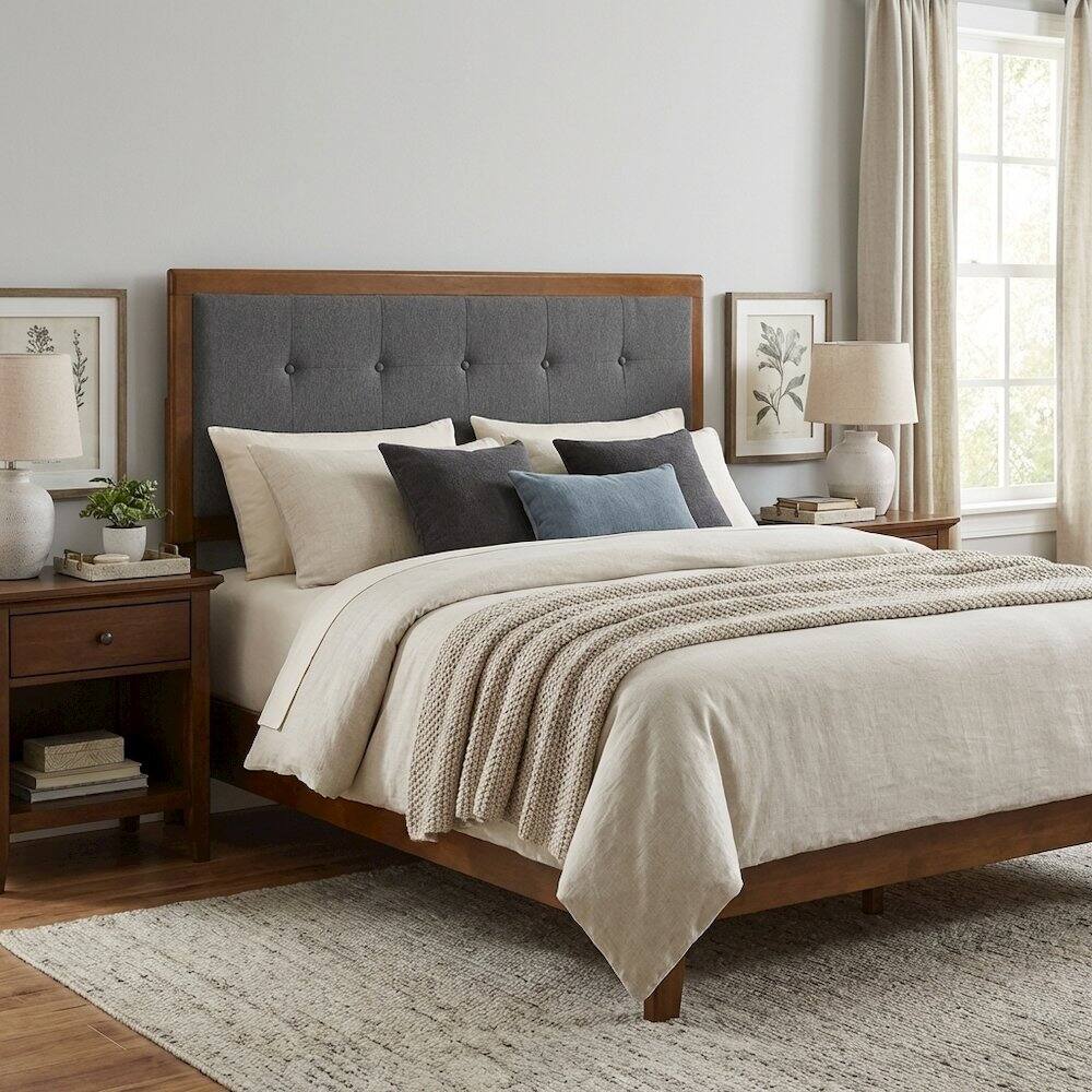 Left. FurniFact - Tufted Fabric King Headboard with Wood Frame and Elegant Design - Brown.