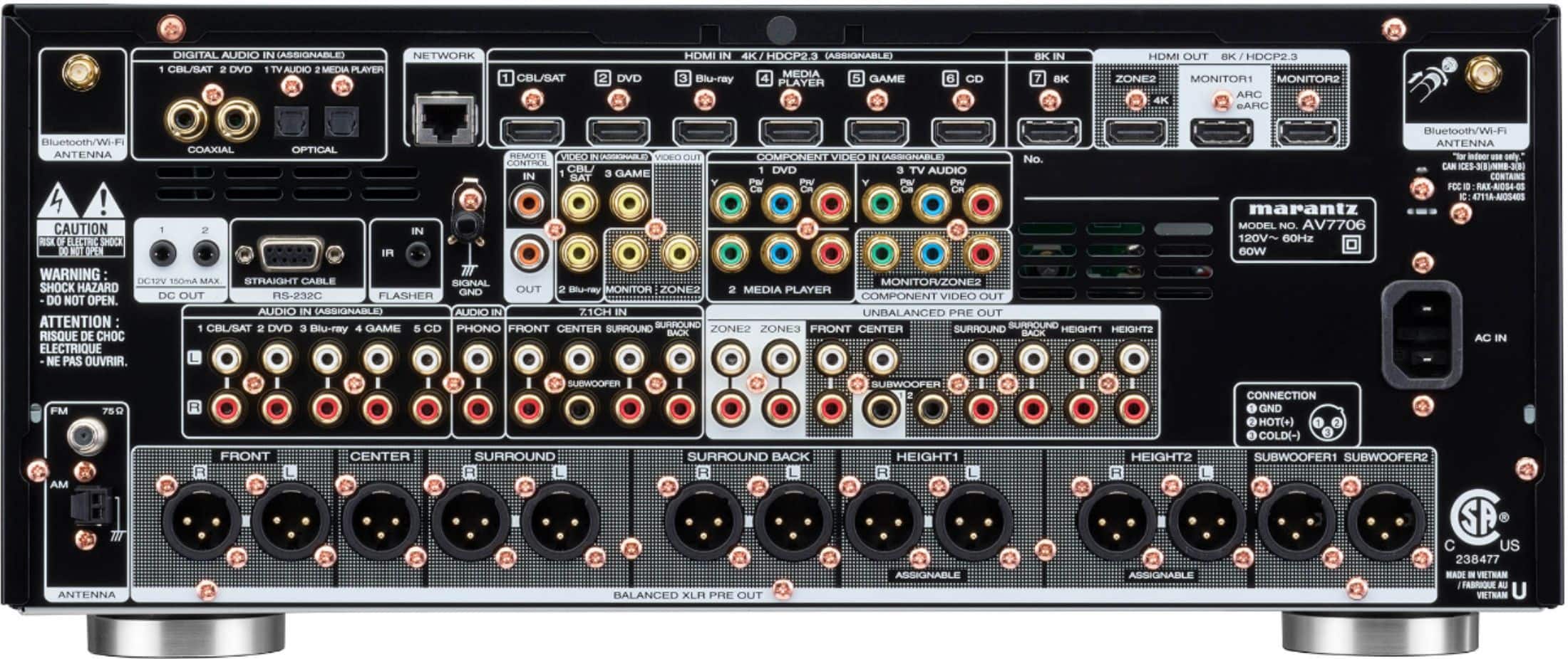 Back. Marantz - AV7706 Surround Pre-Amplifier - 11.2 Channel, Advanced 8K Upscaling, IMAX Enhanced, Auro-3D, Amazon Alexa Compatible - Black.