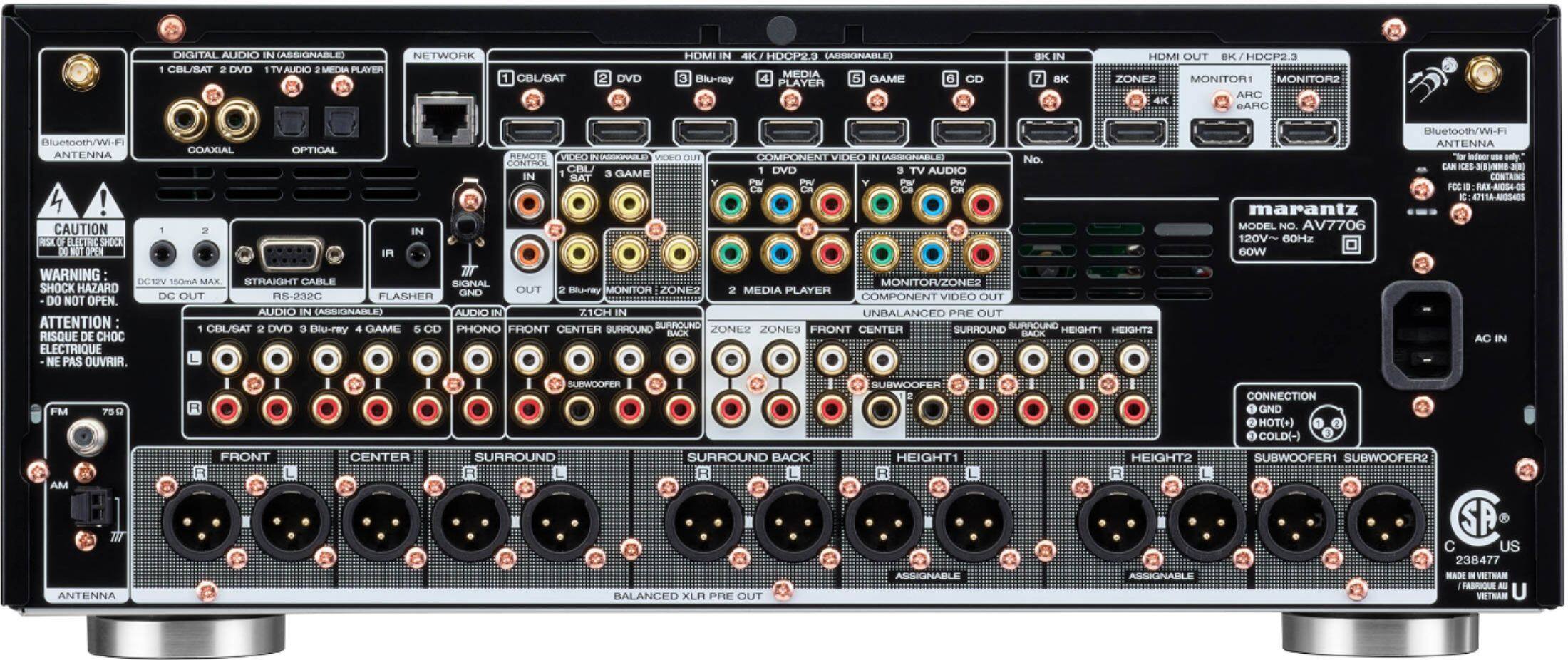 Back. Marantz - AV7706 Surround Pre-Amplifier - 11.2 Channel, Advanced 8K Upscaling, IMAX Enhanced, Auro-3D, Amazon Alexa Compatible - Black.