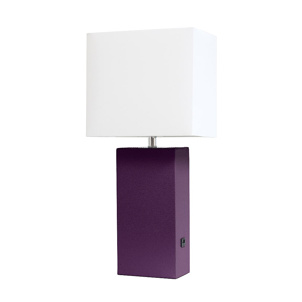 Angle View: Elegant Designs - Modern Leather Table Lamp with USB and White Fabric Shade - Eggplant