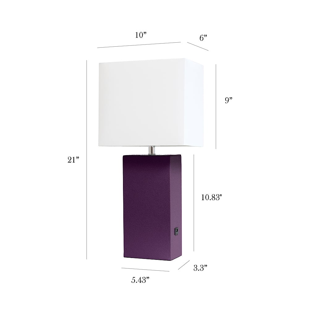 Left View: Elegant Designs - Modern Leather Table Lamp with USB and White Fabric Shade - Eggplant