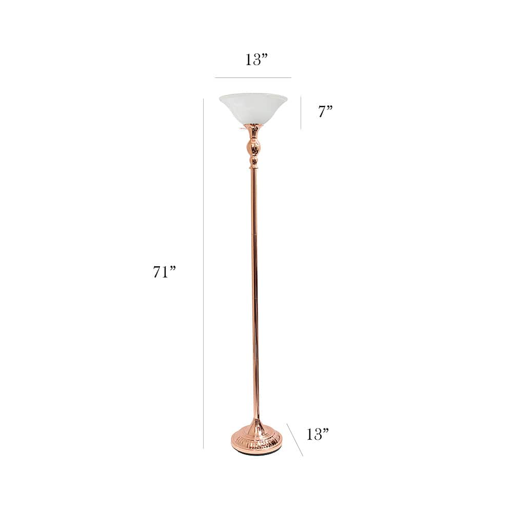 Left View: Elegant Designs - 1 Light Torchiere Floor Lamp with Marbleized White Glass Shade - Rose Gold