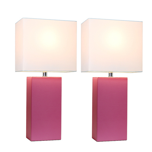 Elegant Designs 2 Pack Modern Leather Table Lamps with White Fabric Shades, Hot Pink