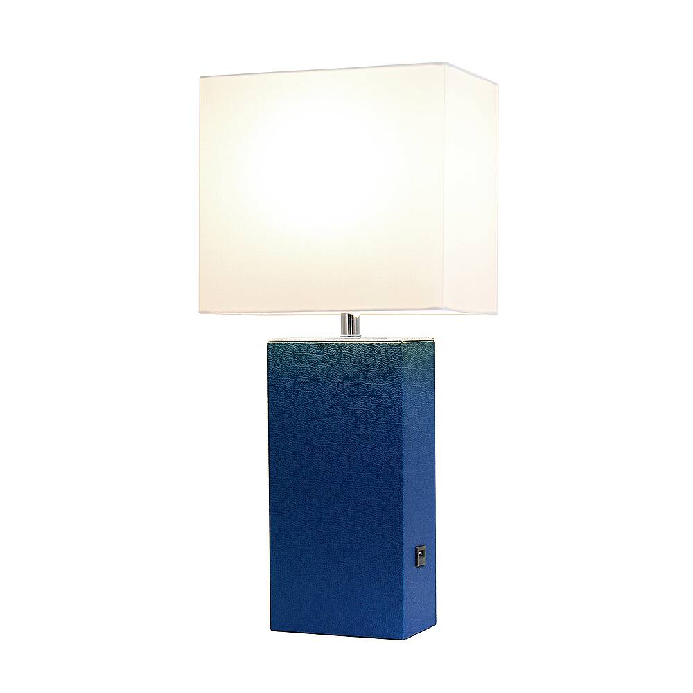 Front. Elegant Designs - Modern Leather Table Lamp with USB and White Fabric Shade - Blue.