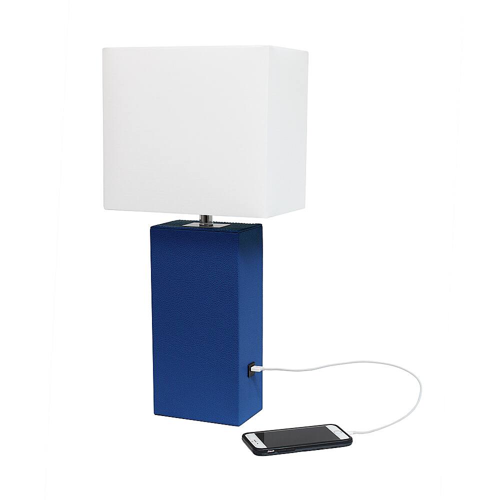 Alt View 13. Elegant Designs - Modern Leather Table Lamp with USB and White Fabric Shade - Blue.