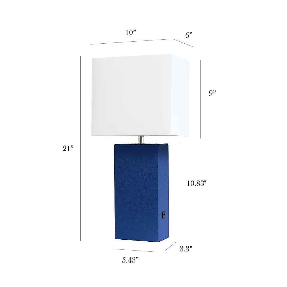 Left. Elegant Designs - Modern Leather Table Lamp with USB and White Fabric Shade - Blue.