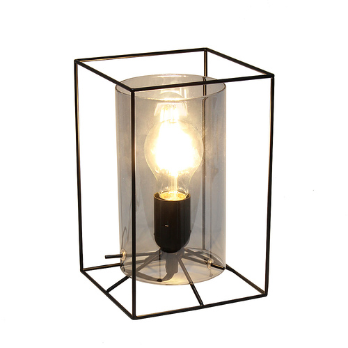 Lalia Home Black Framed Table Lamp with Smoked Cylinder Glass Shade, Small