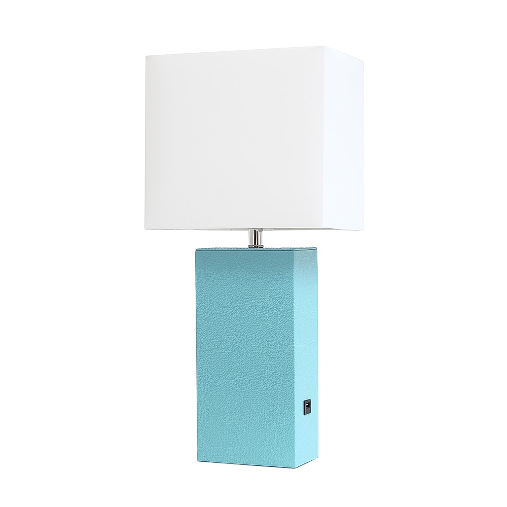 Angle View: Elegant Designs Modern Leather Table Lamp with USB and White Fabric Shade, Aqua